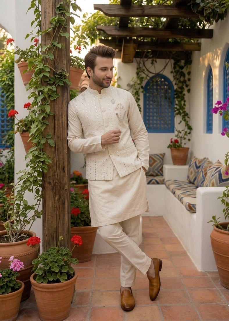 jamawar Waistcoat in White