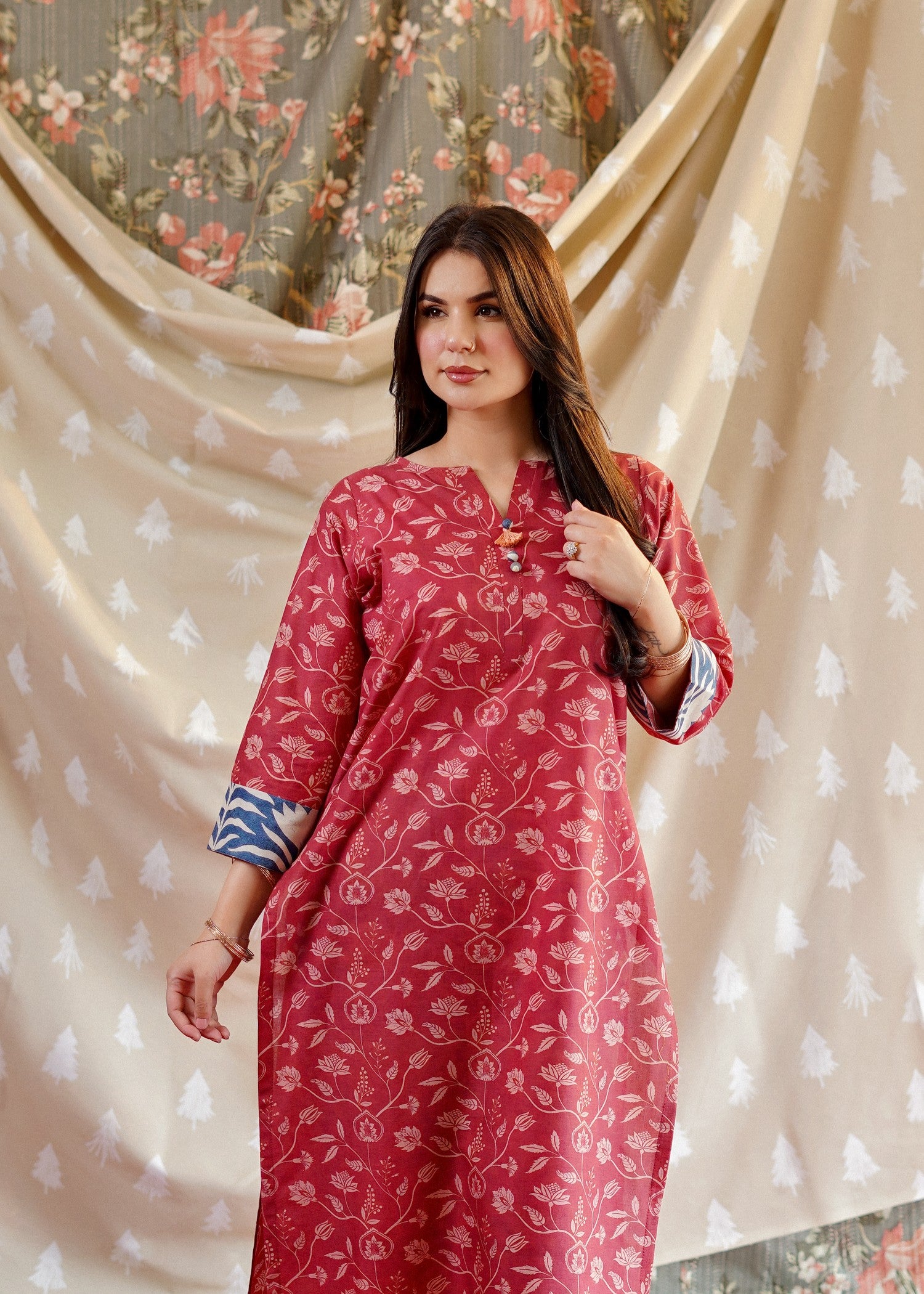 lawn Kurta Set in Brick red