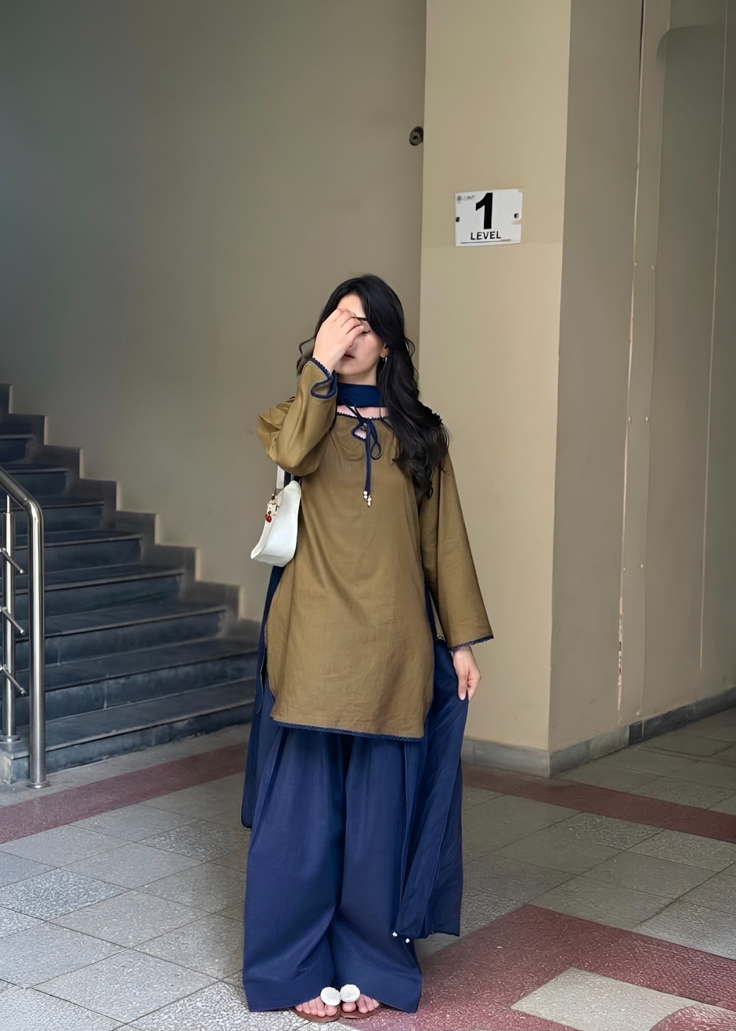 linen Kurta Set in Walnut brown, navy blue