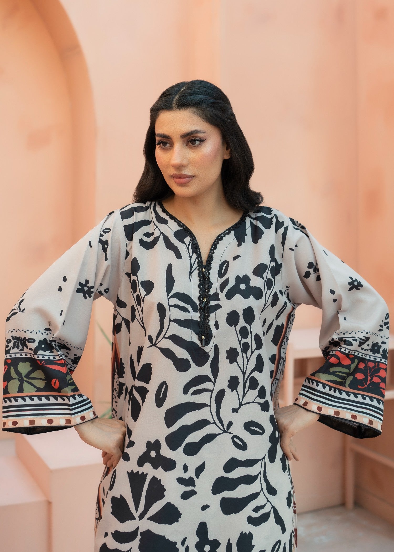 poly lawn Kurta Set in Black, floral white