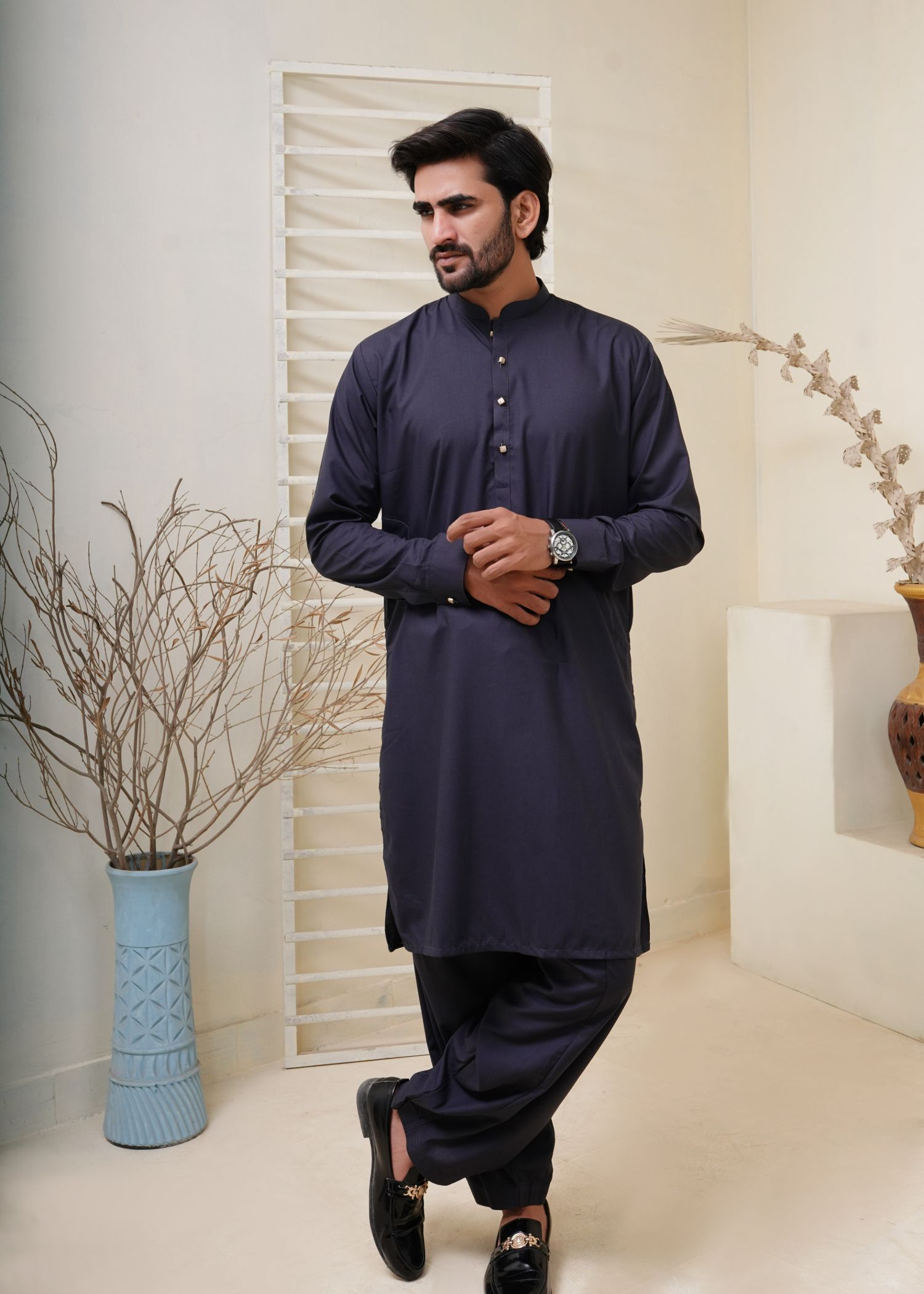 wash & wear Shalwar Kameez in Navy blue by Hassan Jee Men