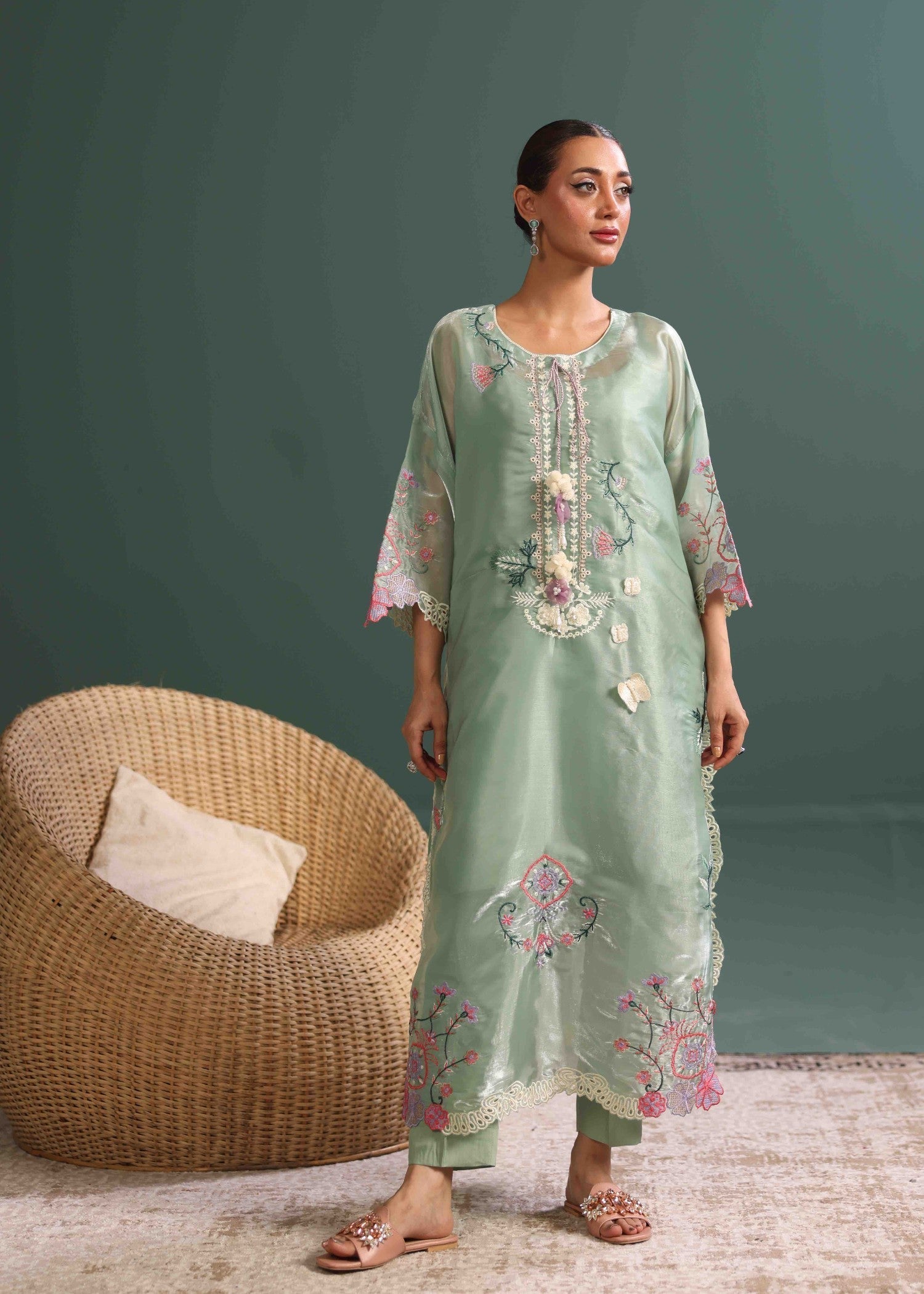 tussar silk Kaftan in Moss green