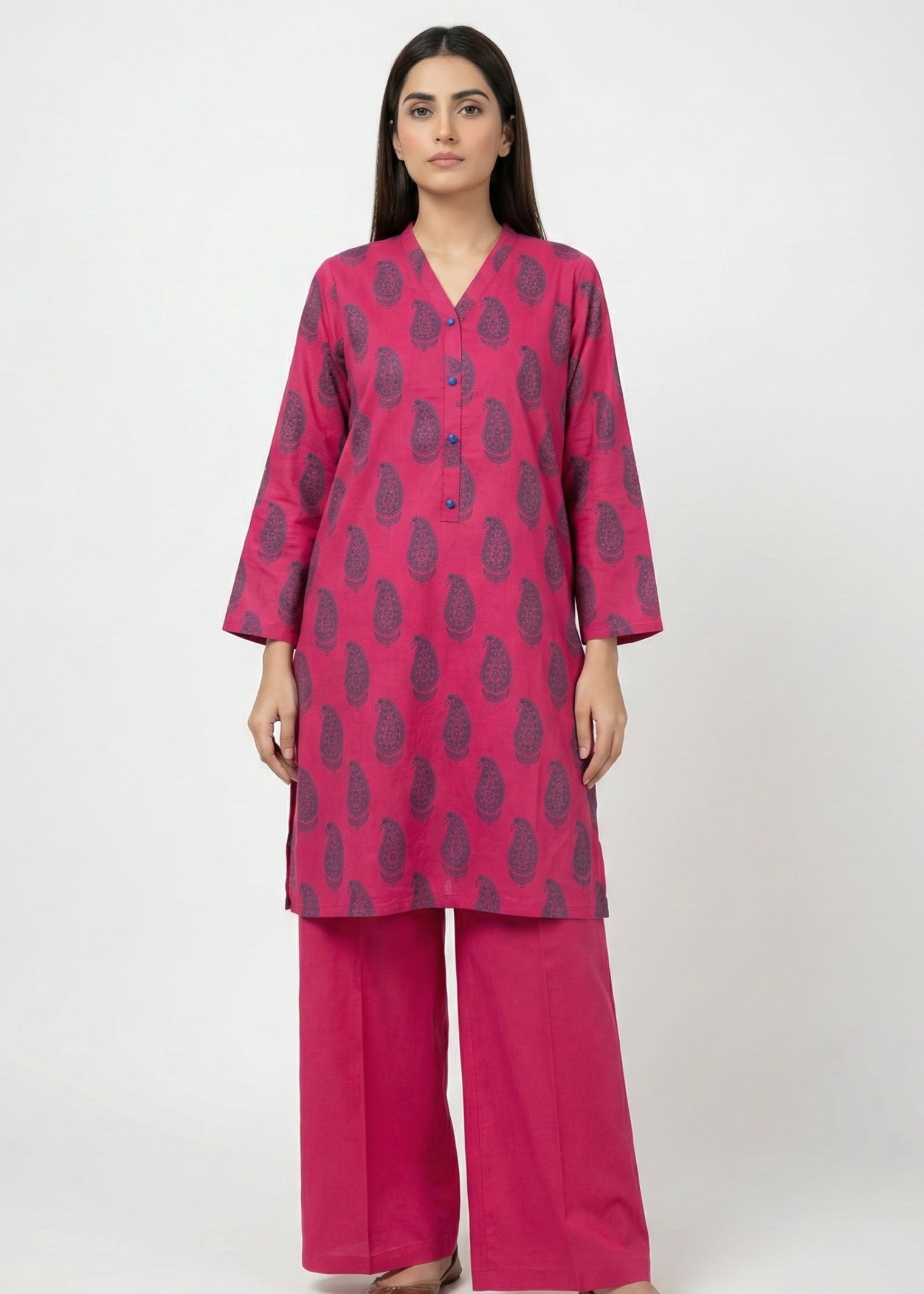 linen Kurta Set in Raspberry pink