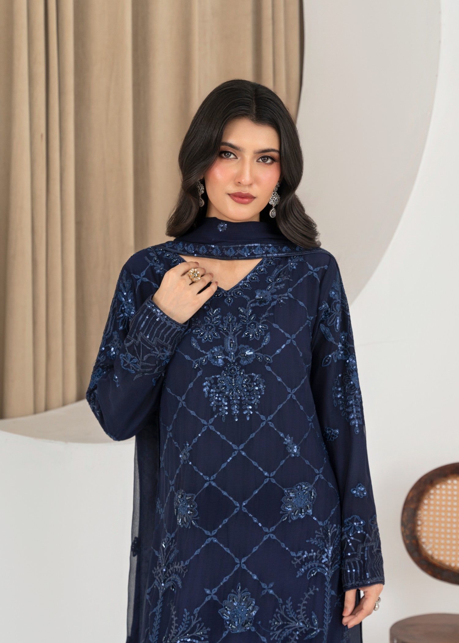 crinkle chiffon Kurta Set in Navy blue