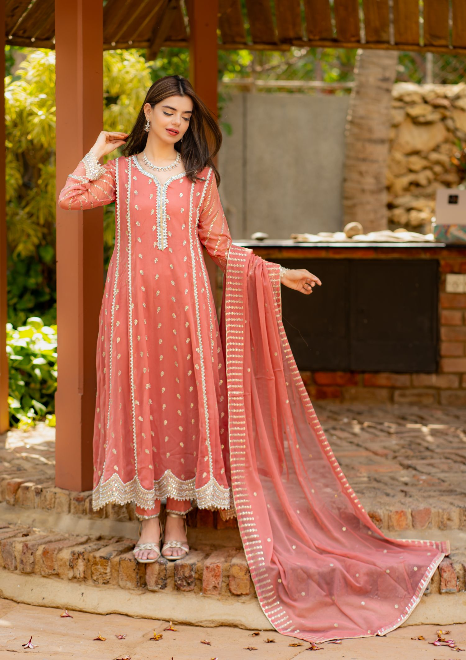 chiffon Pishwas in Peach pink