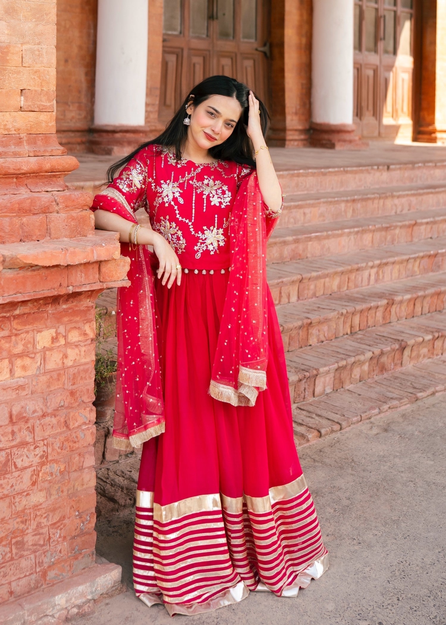 bemberg crinkle chiffon Lehenga in Raspberry pink