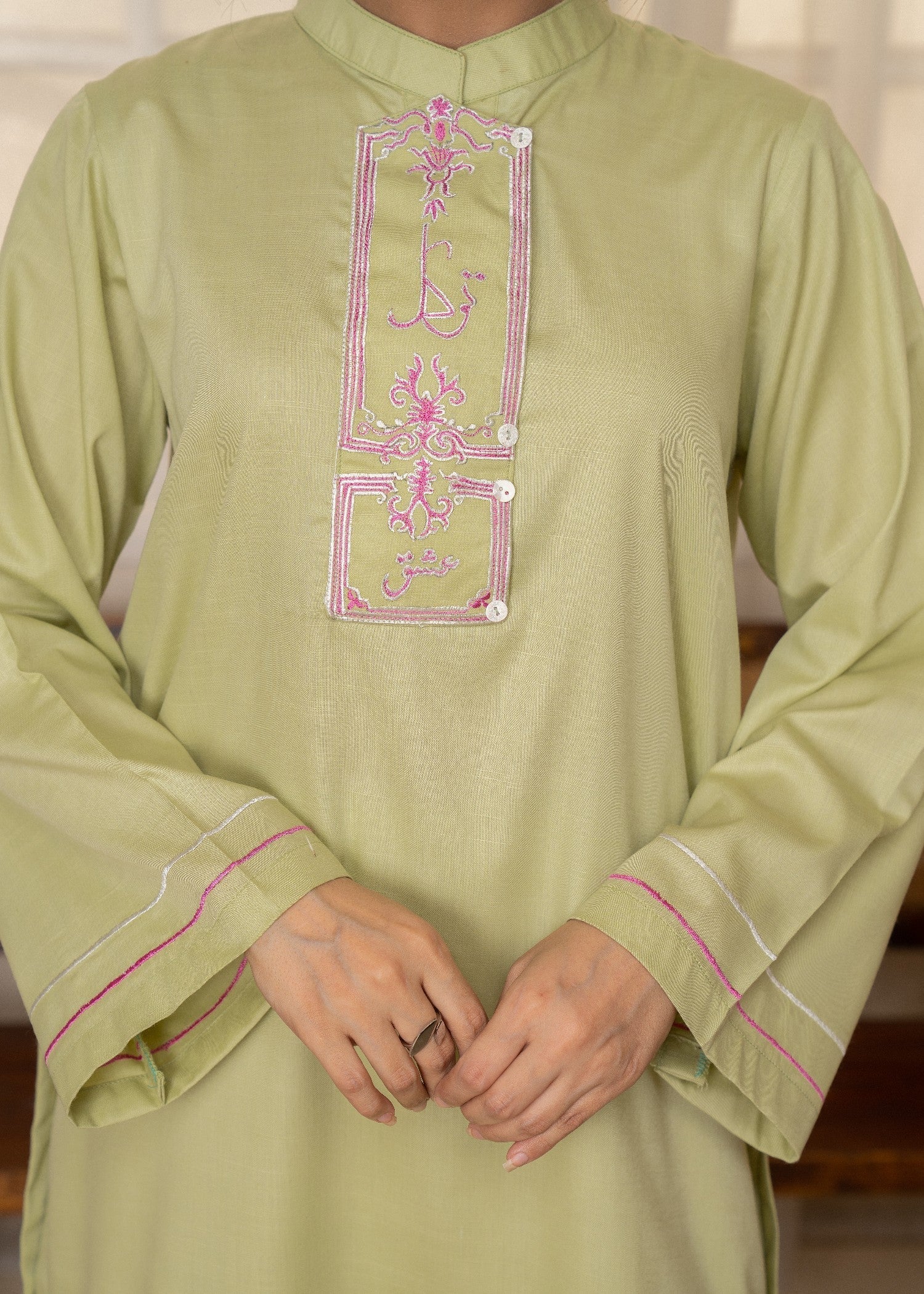 slub cambric Kurta Set in Mint green