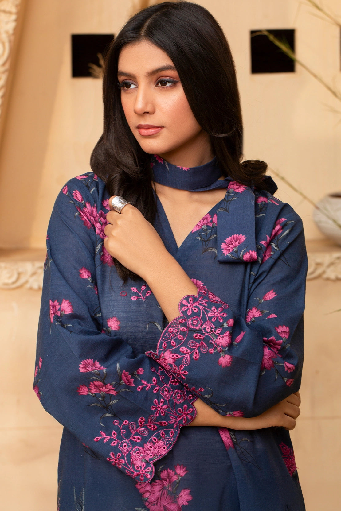 twill khaddar Unstitched in Navy blue