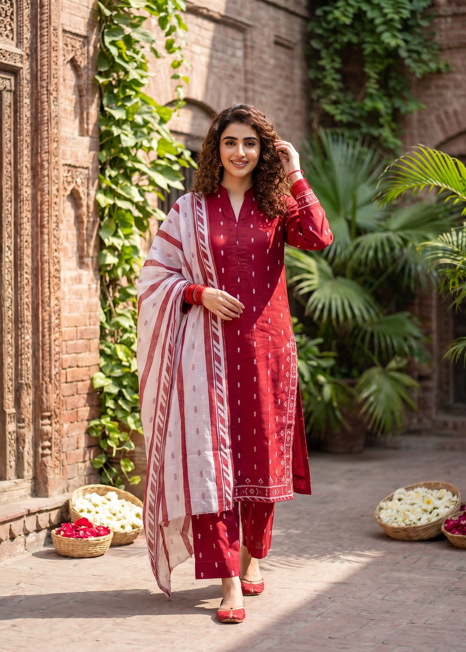 cotton Kurta Set in Rose red