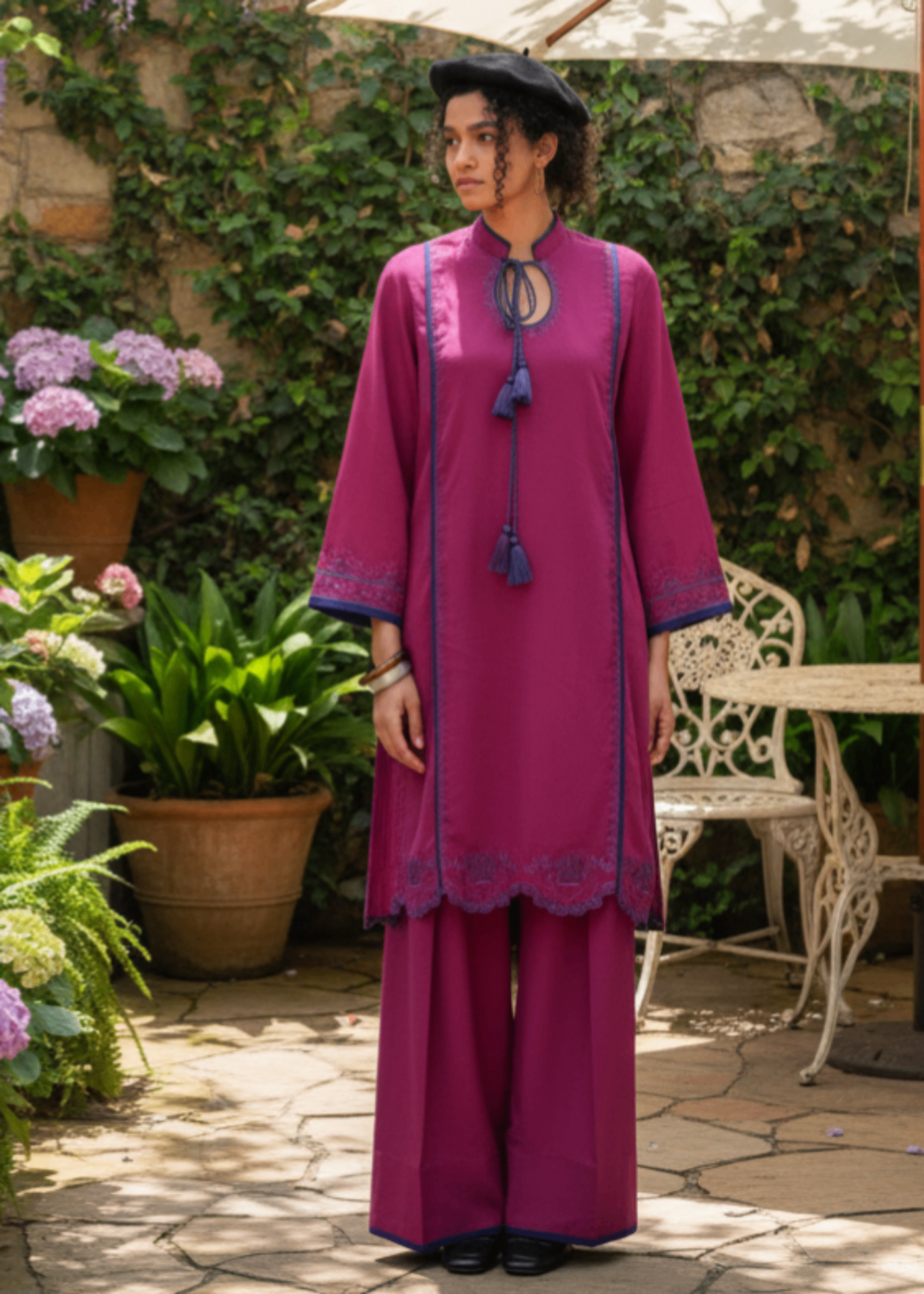 fine khaddar Kurta Set in Red violet