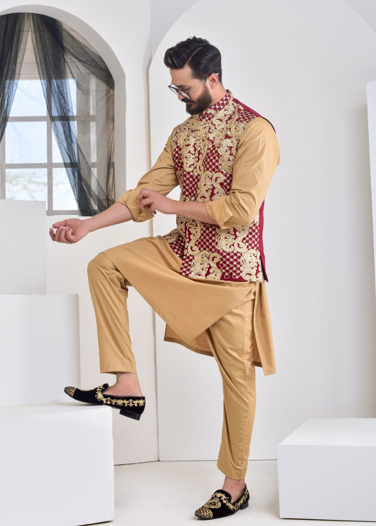 raw silk Waistcoat in Maroon