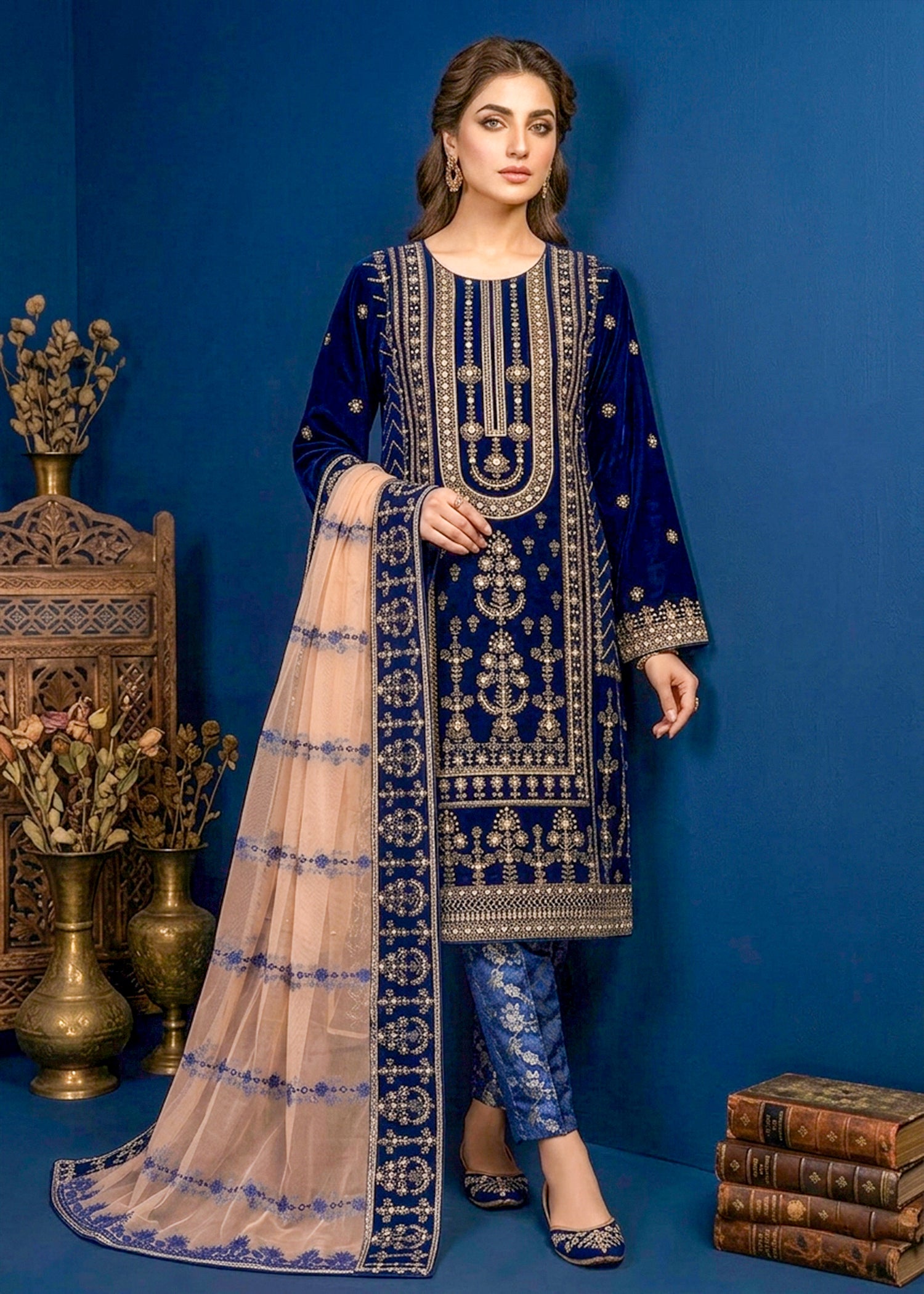 velvet Kurta Set in Navy blue