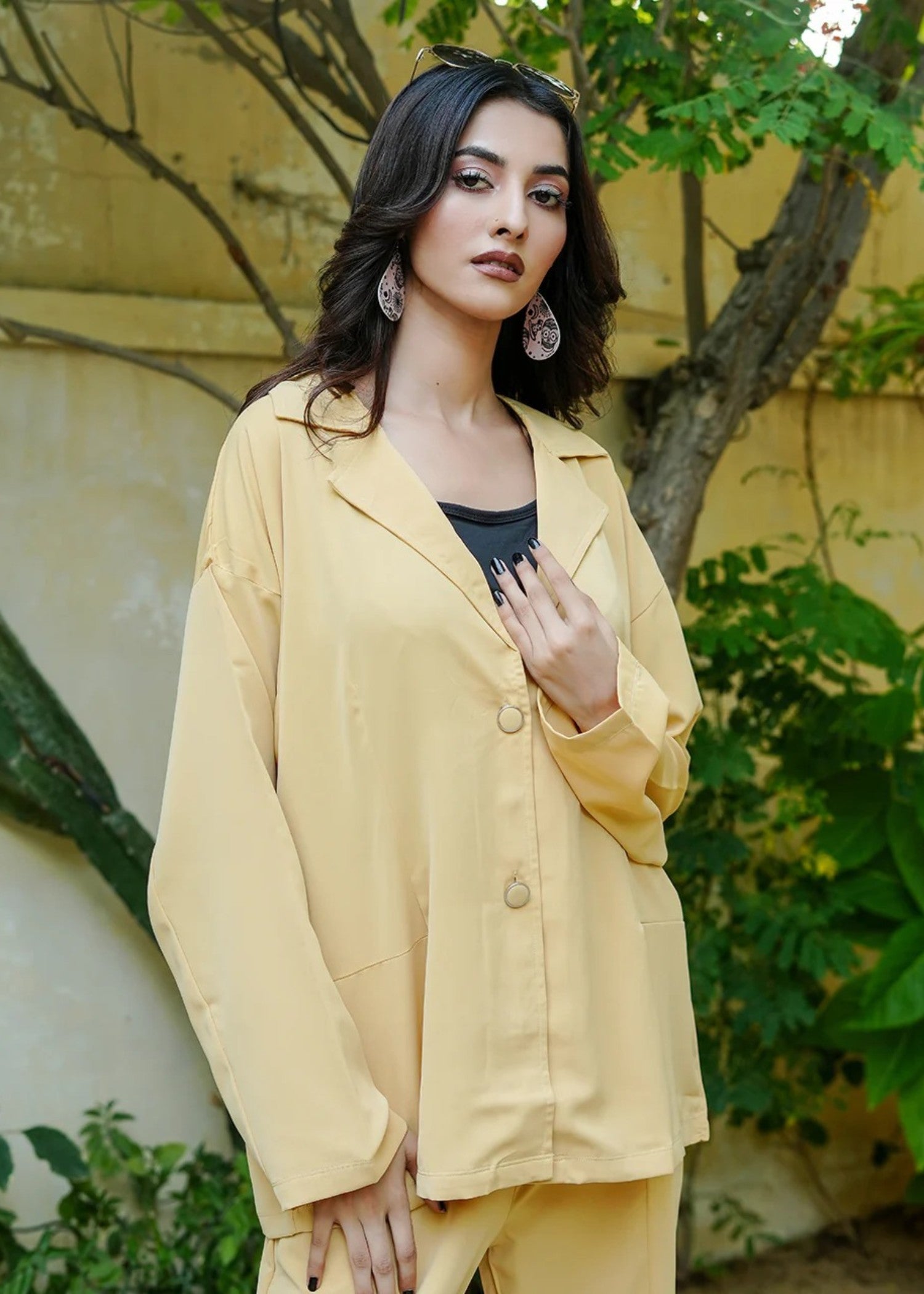 blended satin polyester Co Ord Sets in Yellow