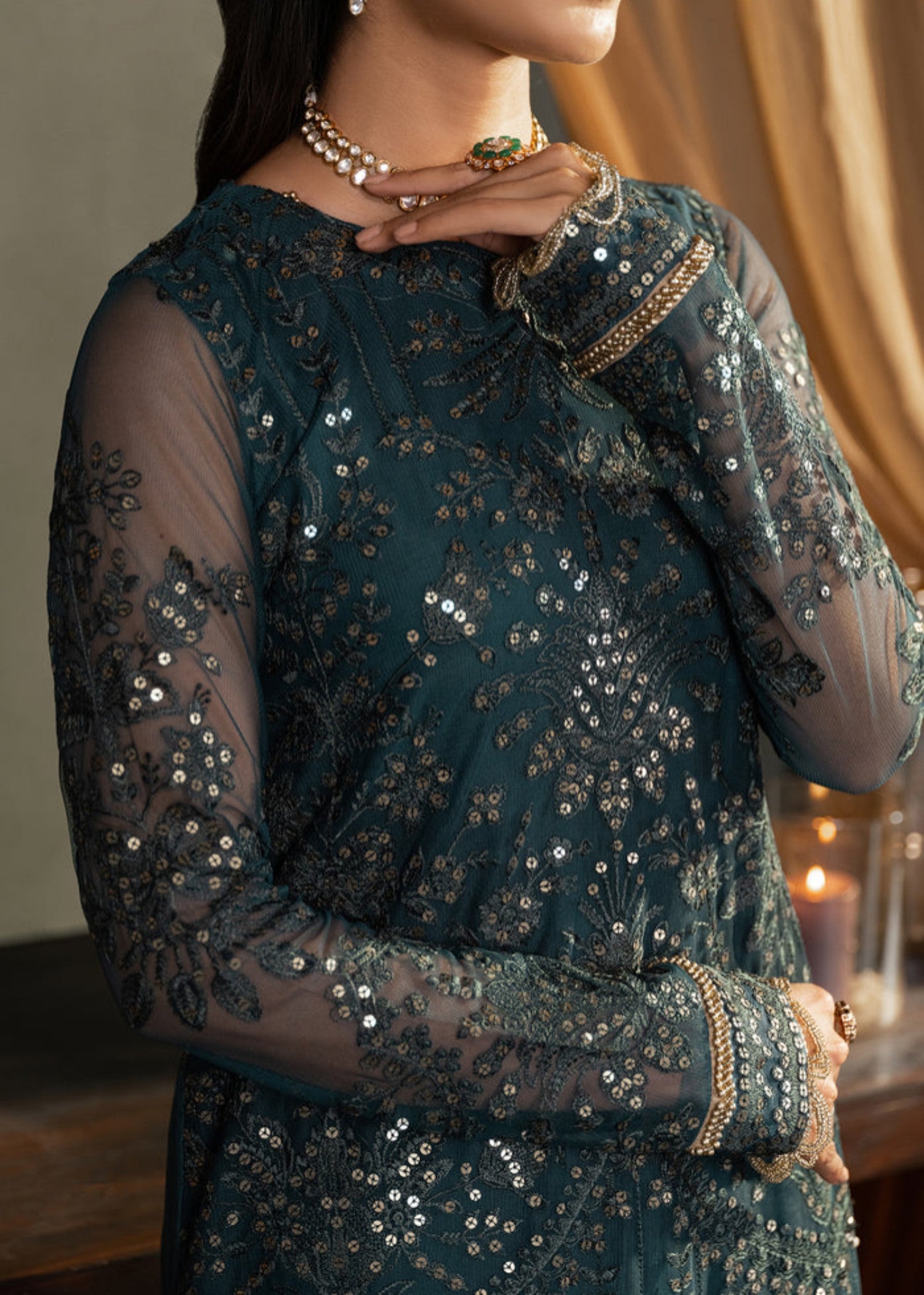 net Kurta Set in Dark green