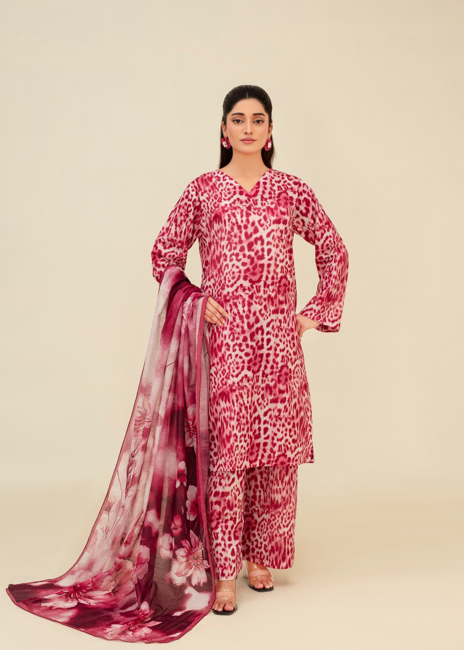 slub lawn Kurta Set in Pink