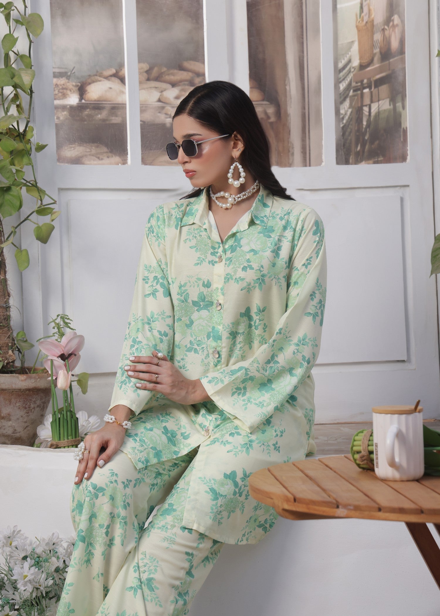 slub lawn Co Ord Sets in Moss green, light yellow