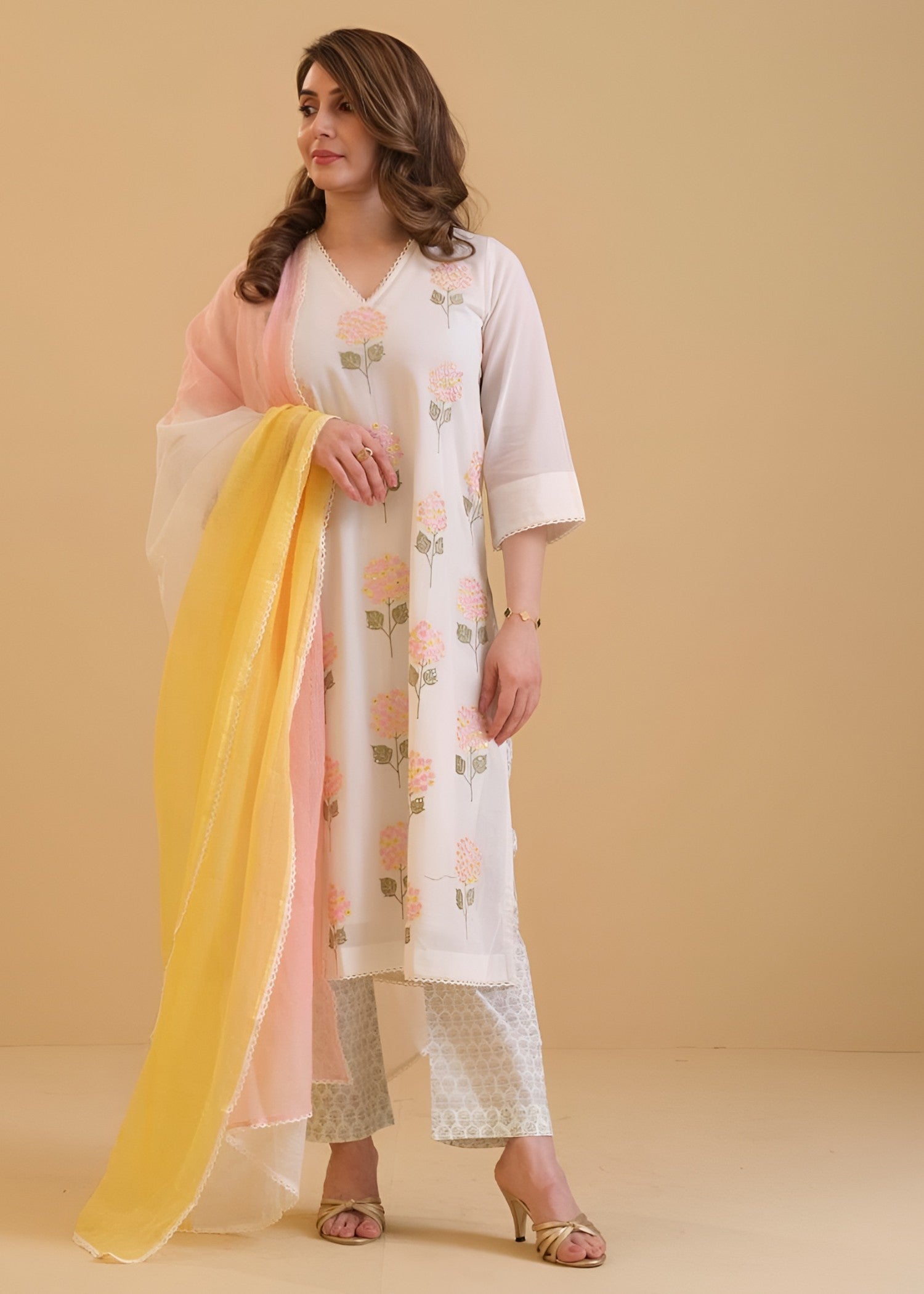 cambric cotton Kurta Set in Off-white, pale pink