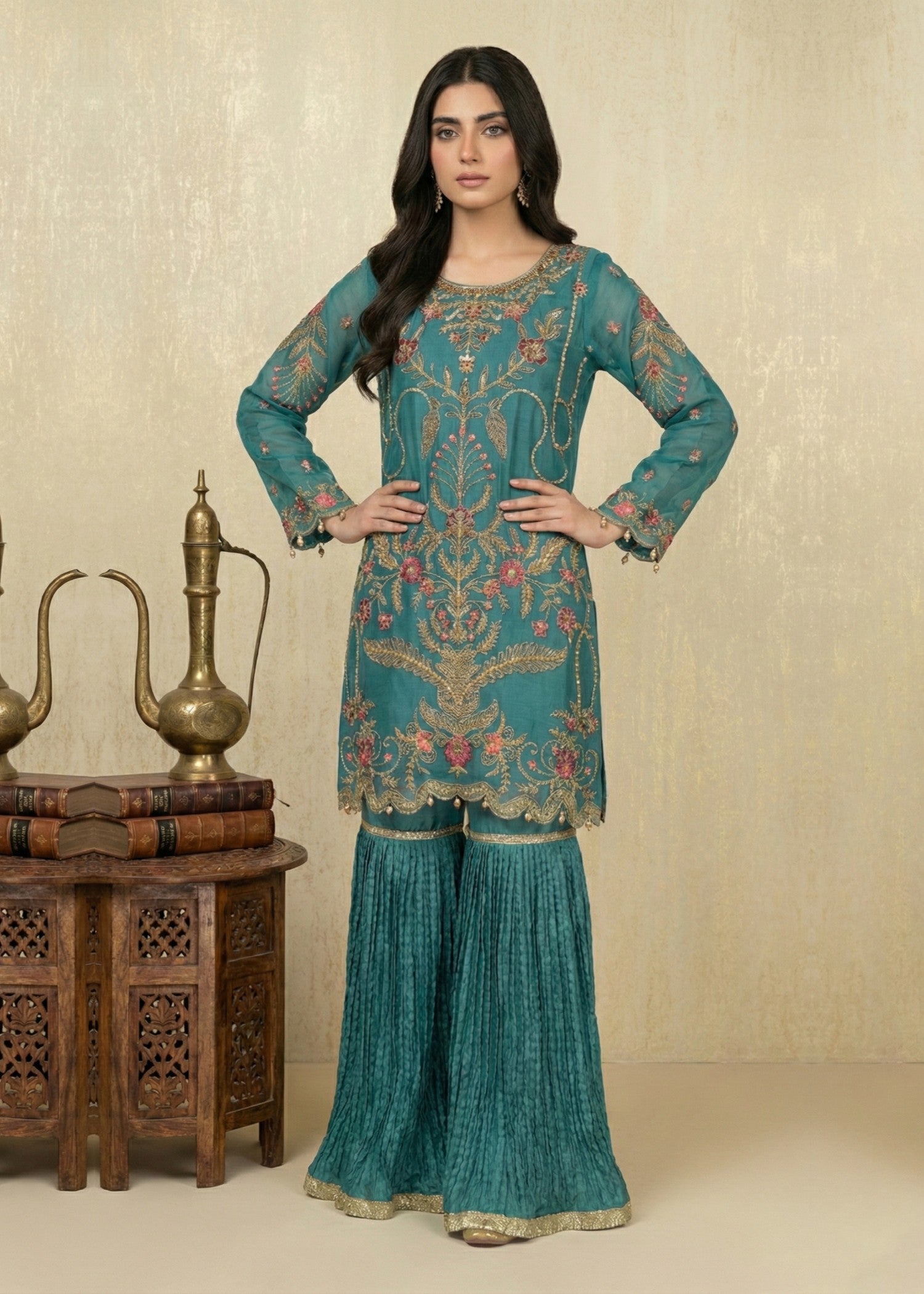 organza Gharara in Sea green