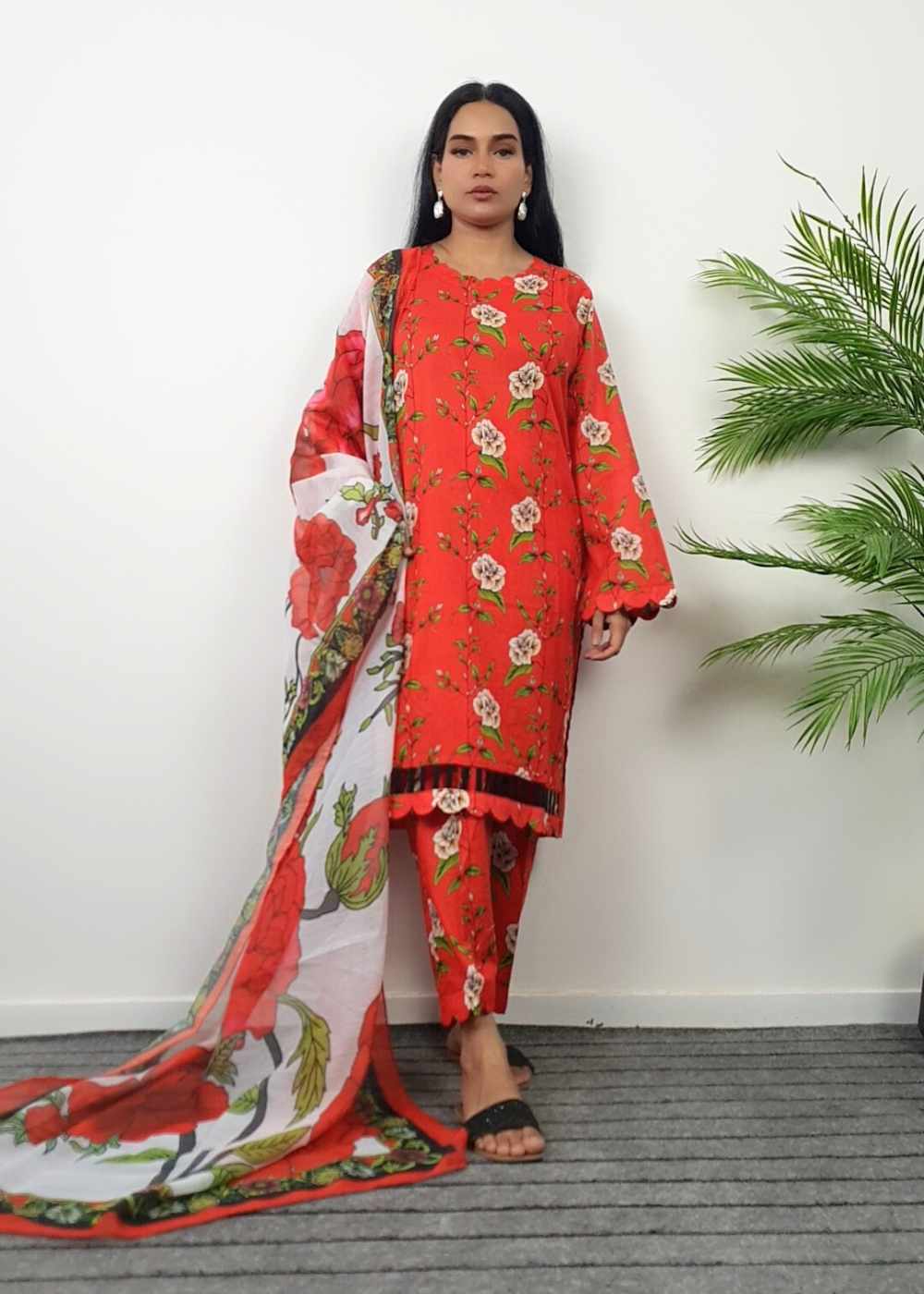 lawn Kurta Set in Tomato red