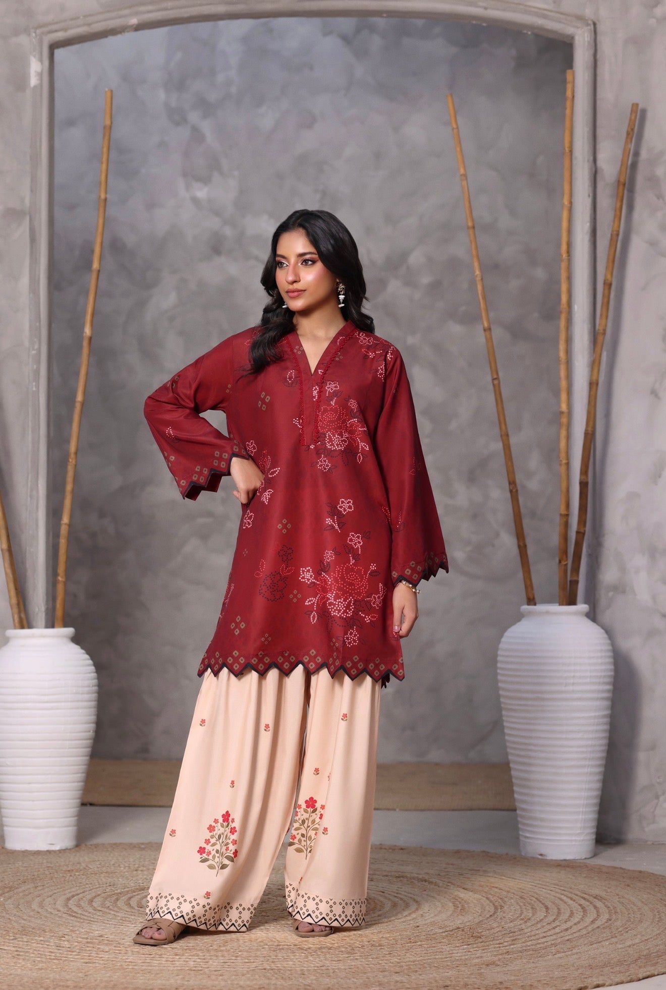 swiss lawn Kurta Set in Blood red
