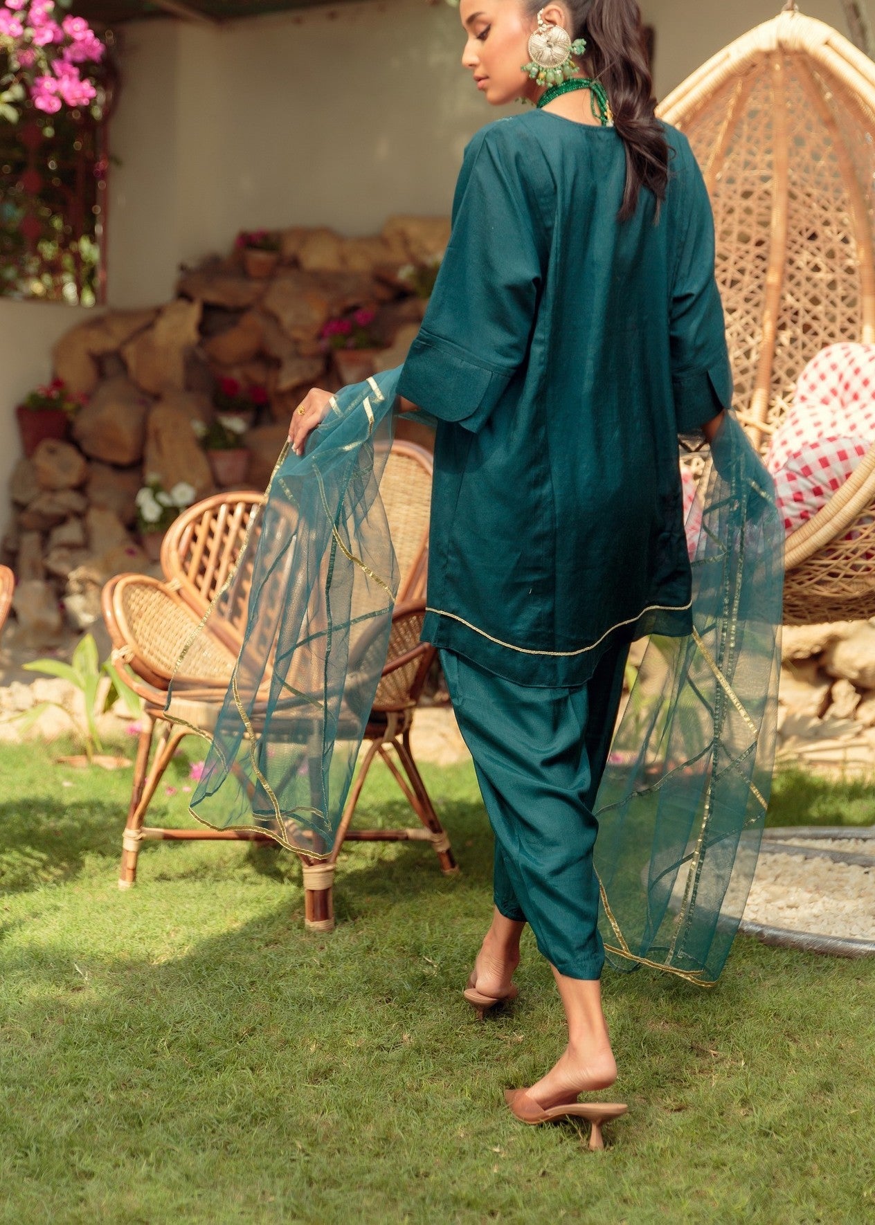 cotton net Kurta Set in Bottle green