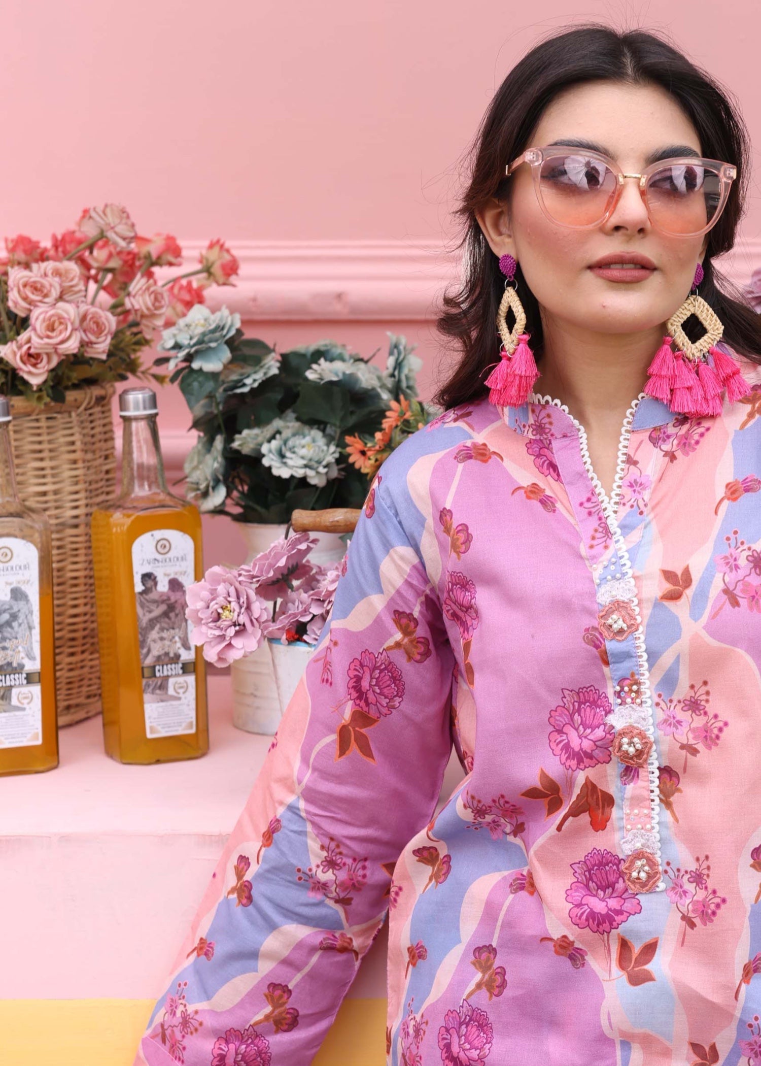 silk finish lawn Co Ord Sets in Bubblegum pink