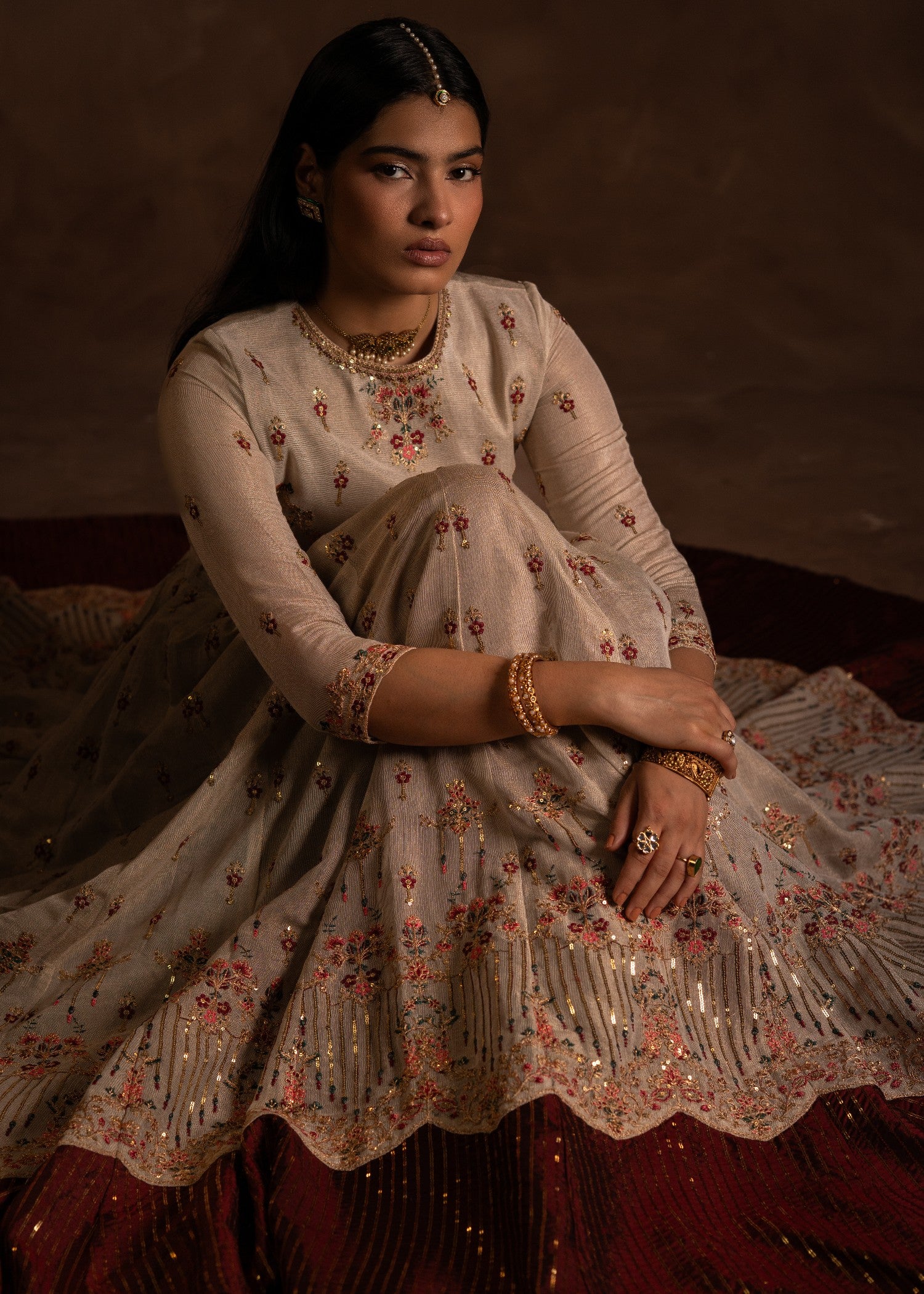 cotton net Pishwas in Maroon, beige