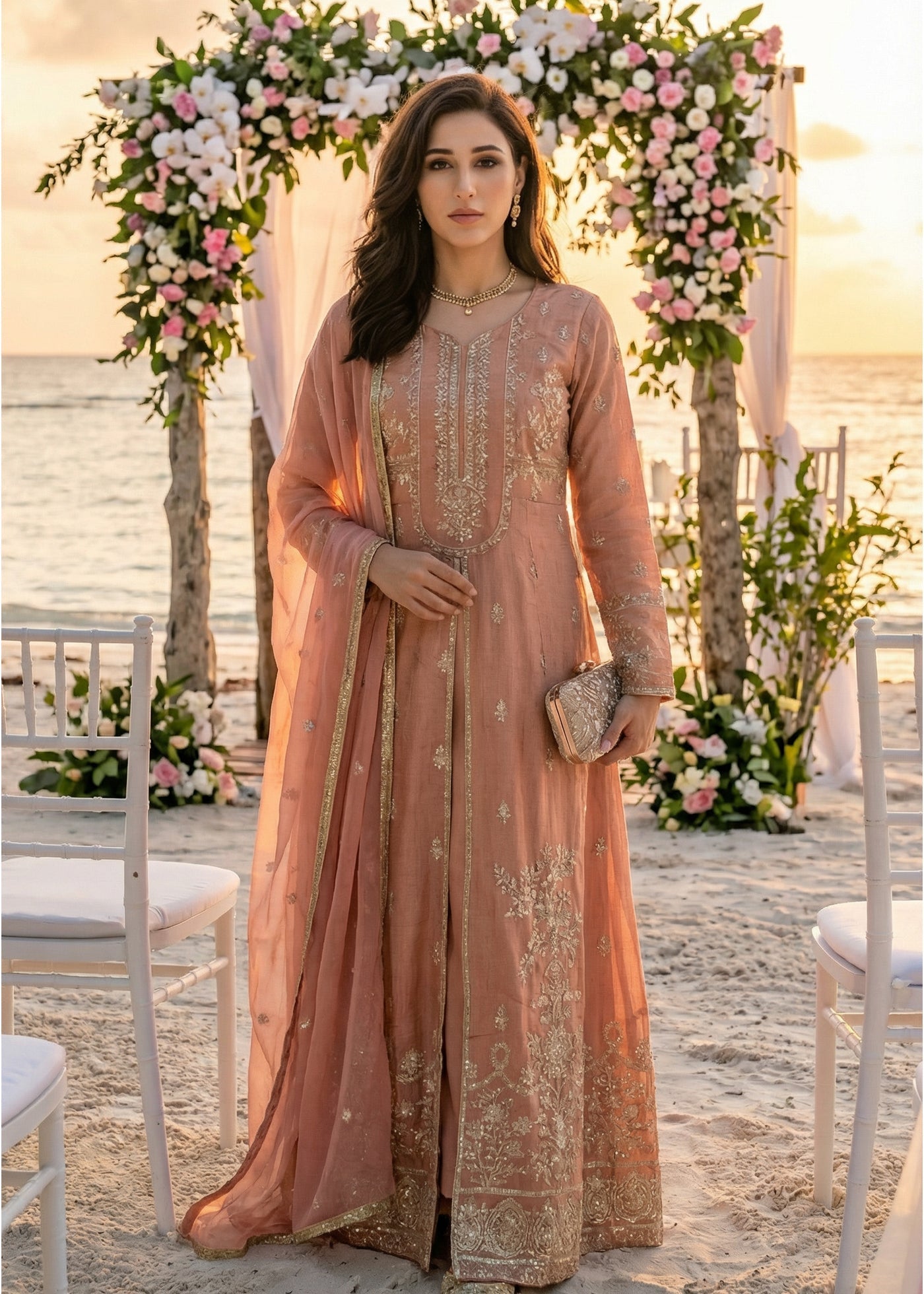 raw silk Maxi in Peach pink