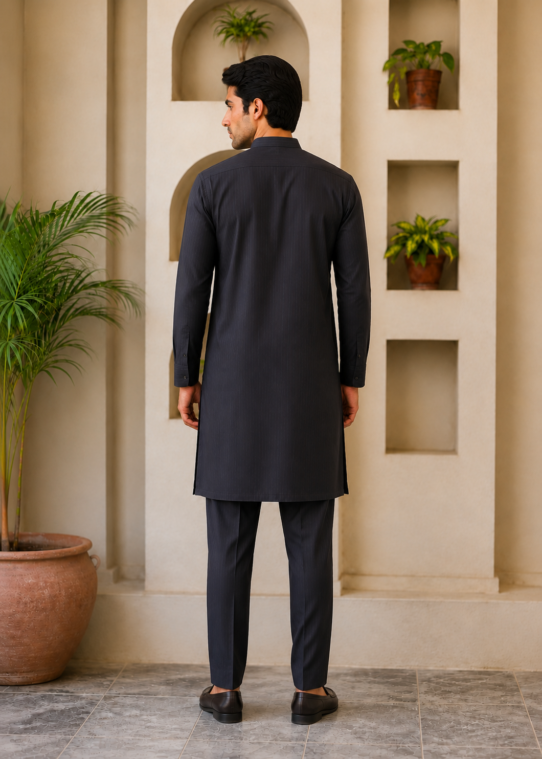 textured wash & wear Kurta Set in Obsidian