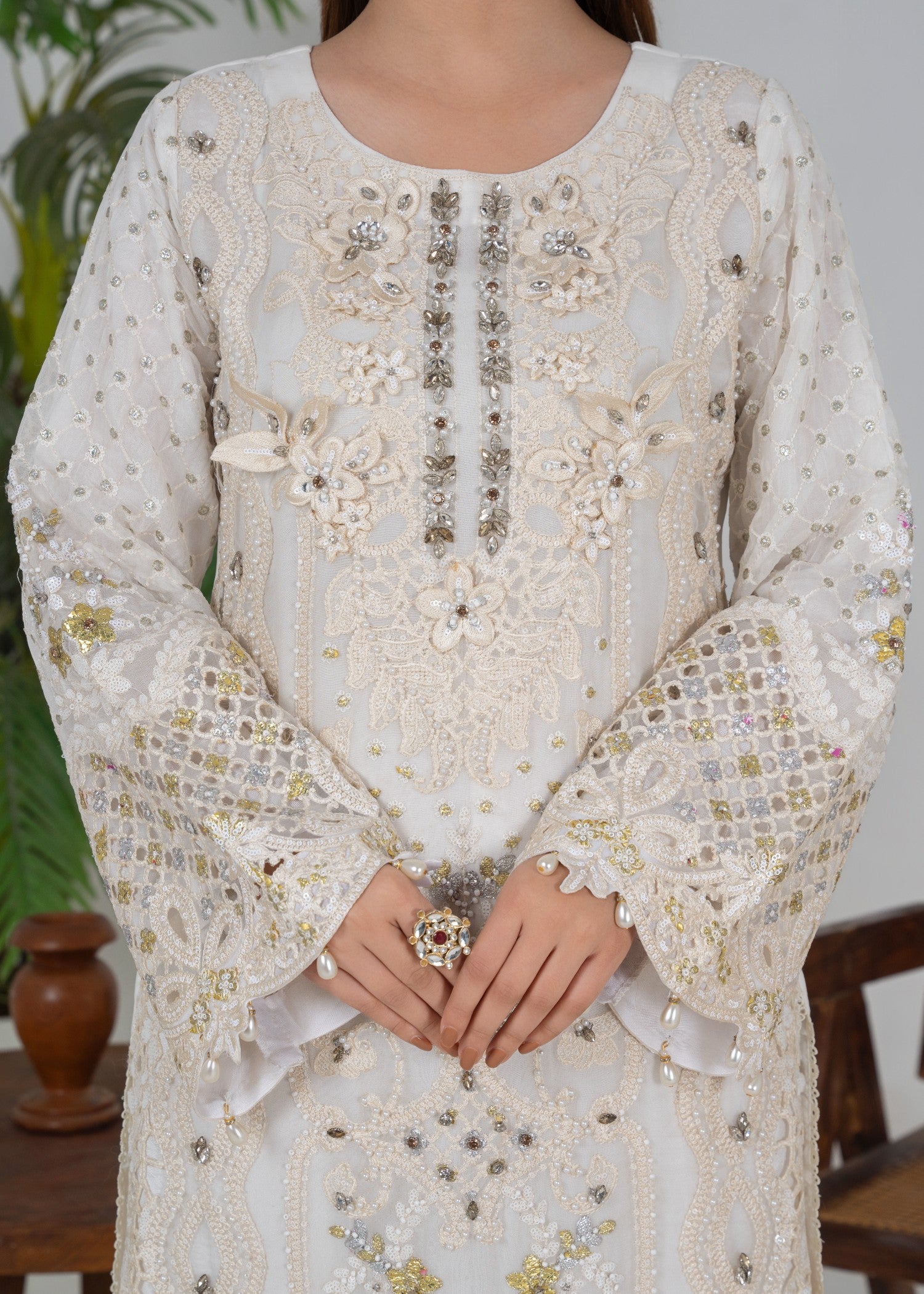 crinkle chiffon Kurta Set in Milk