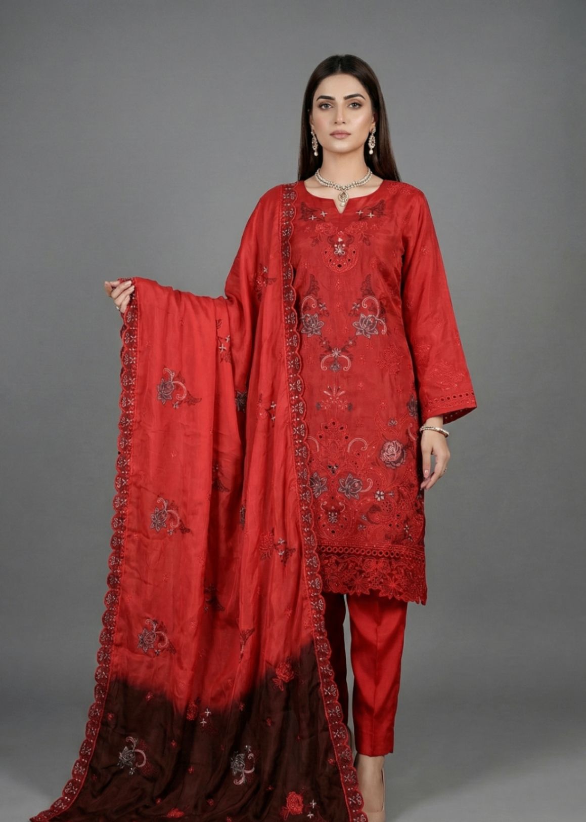 tussar silk Unstitched in Fire red