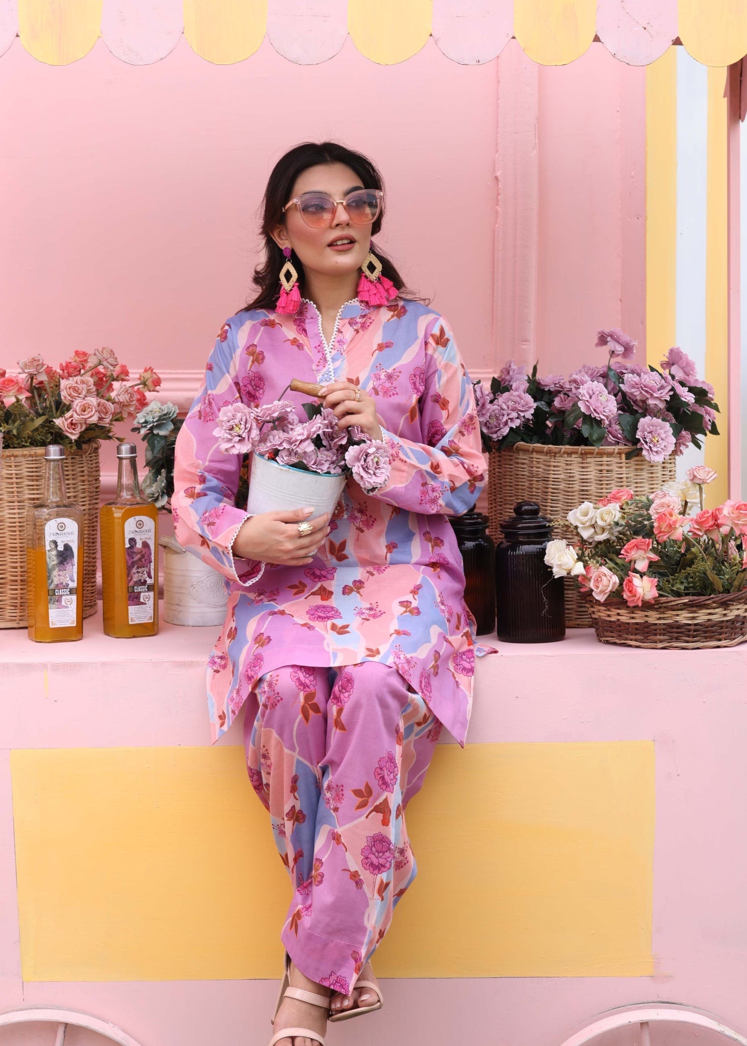 silk finish lawn Co Ord Sets in Bubblegum pink