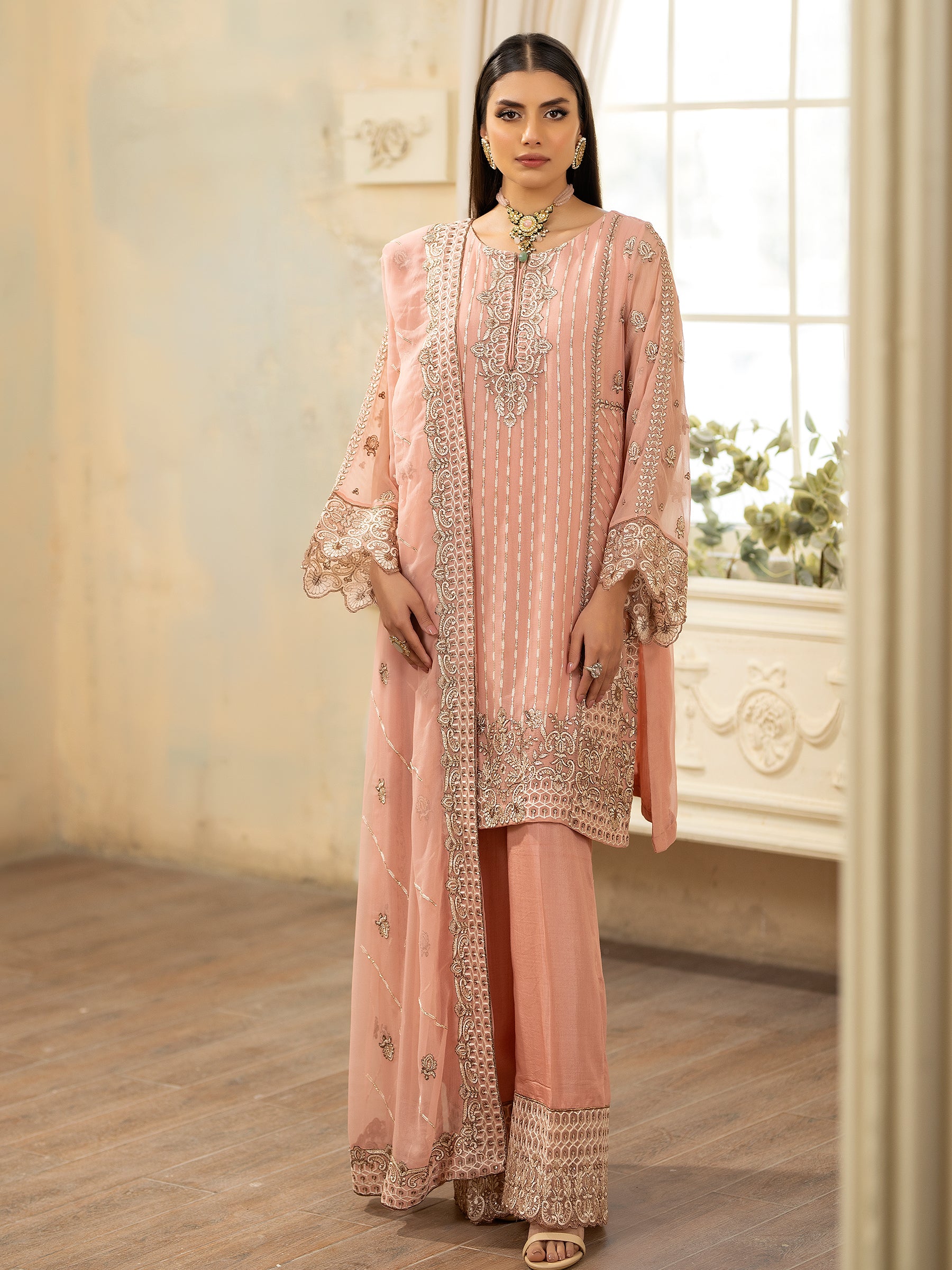 bemberg crinkle chiffon Kurta Set in Pink