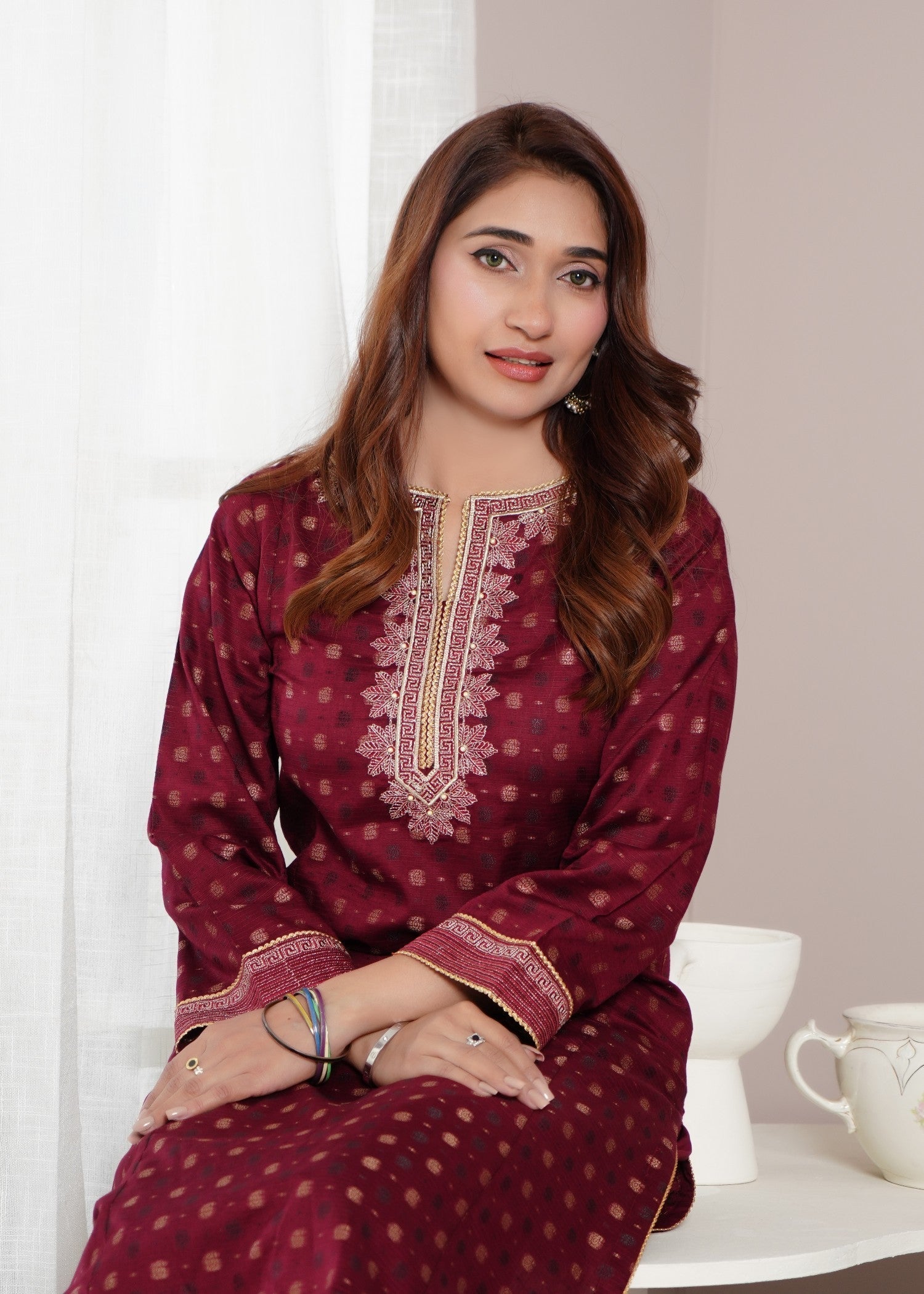 jacquard Kurta Set in Maroon