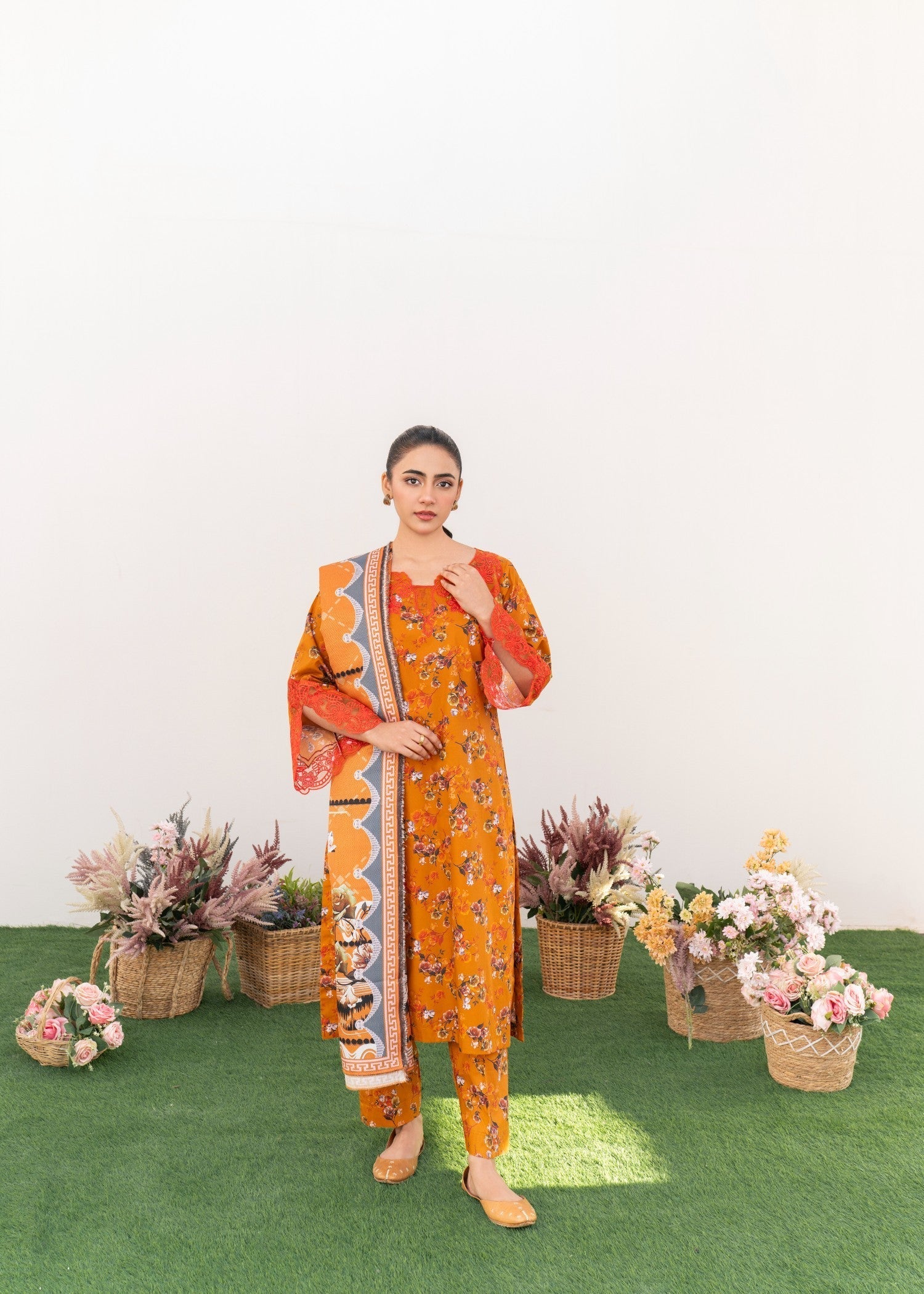 cambric Kurta Set in Orange