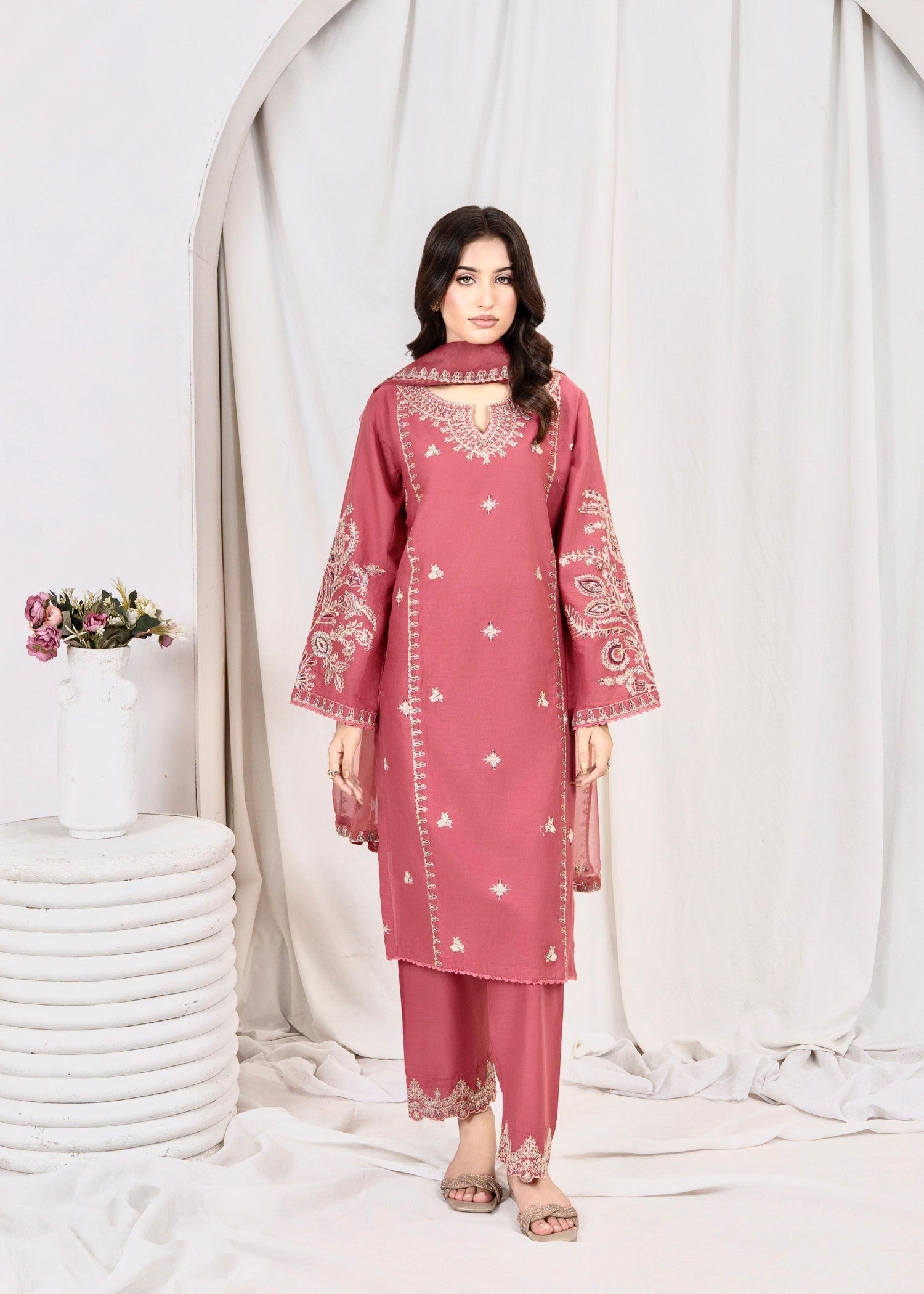 lawn Kurta Set in Melon pink