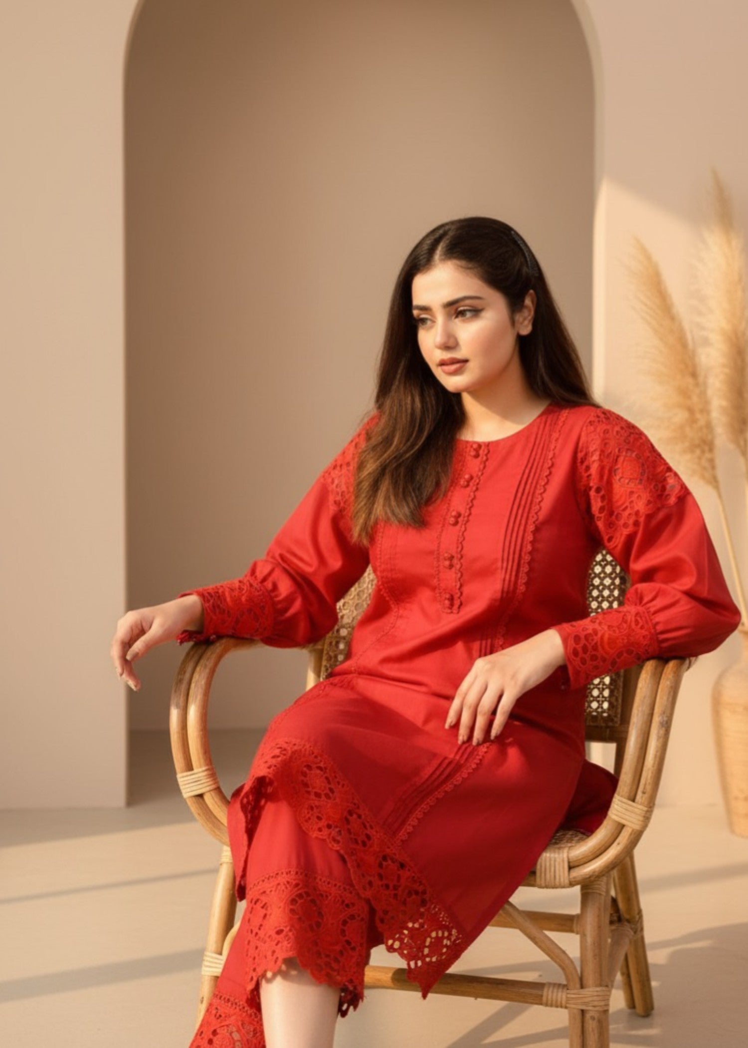 cotton Kurta Set in Red