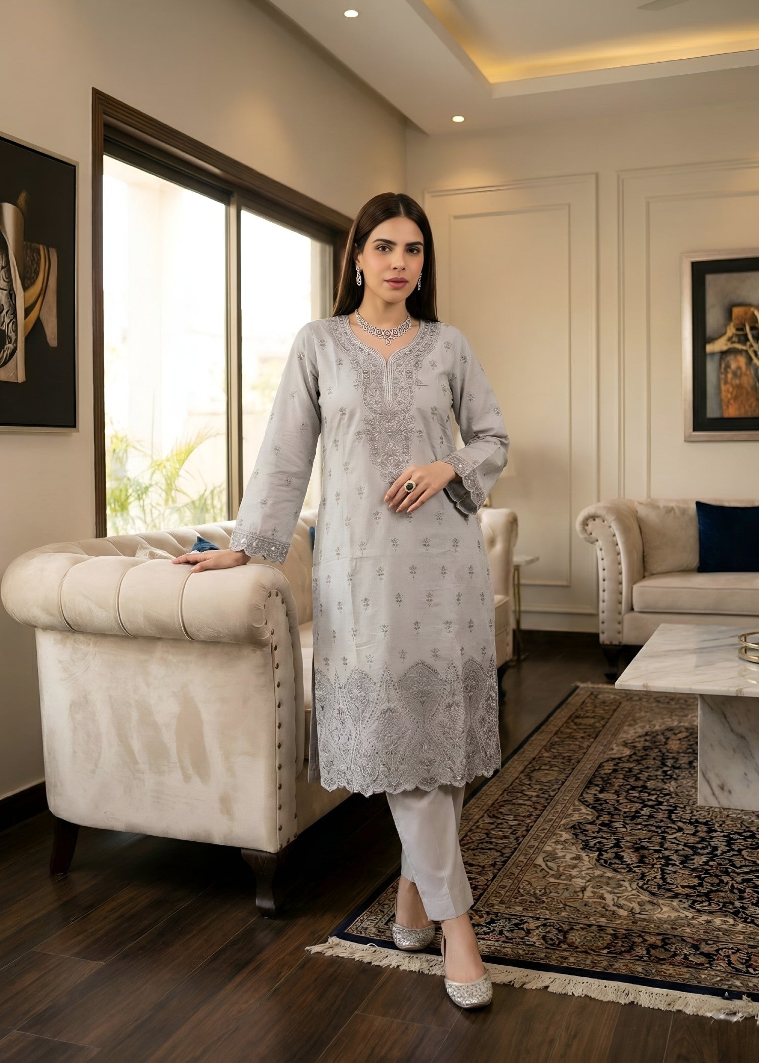 slub cambric Kurta Set in Ash grey