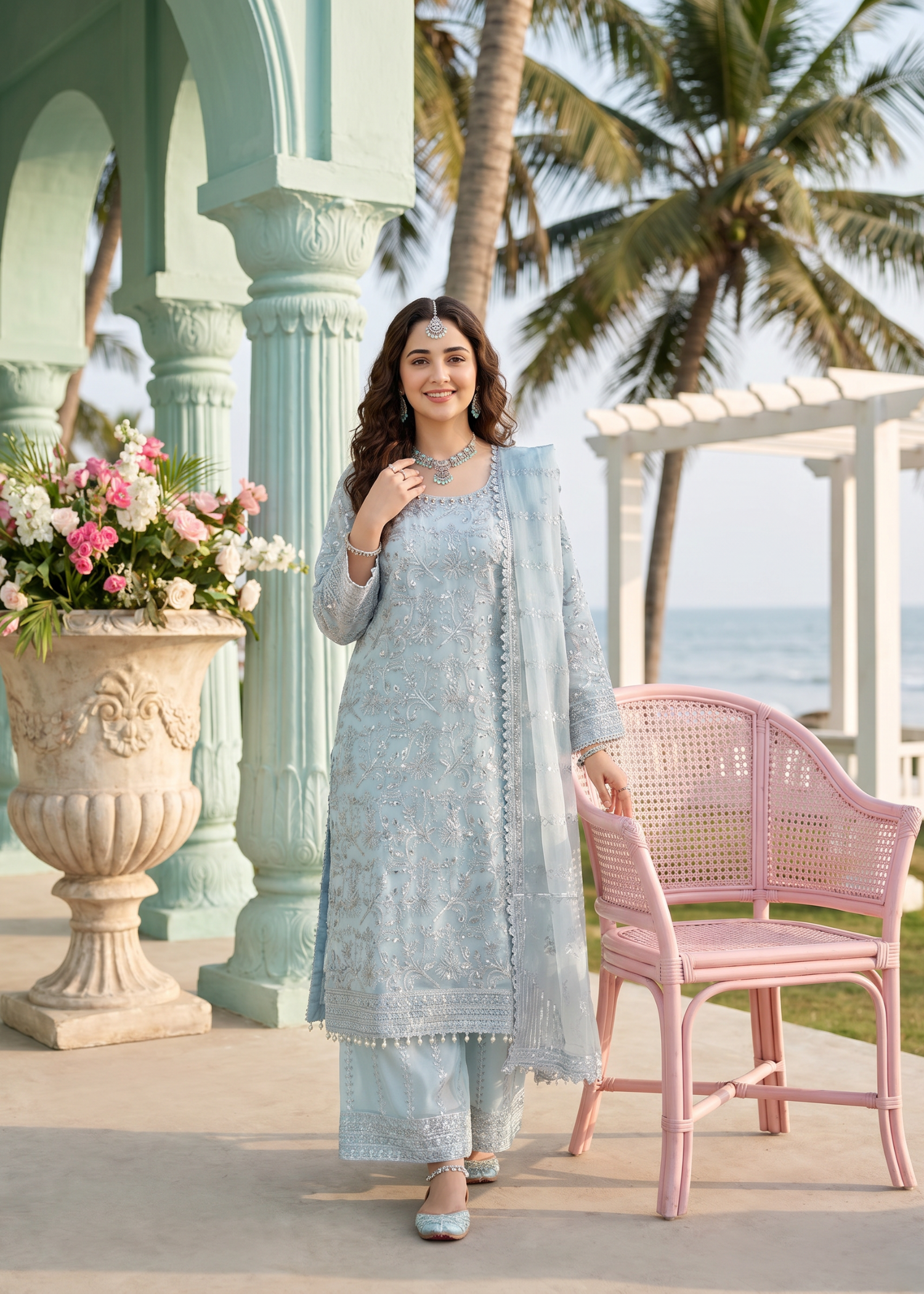 organza Kurta Set in Ice blue