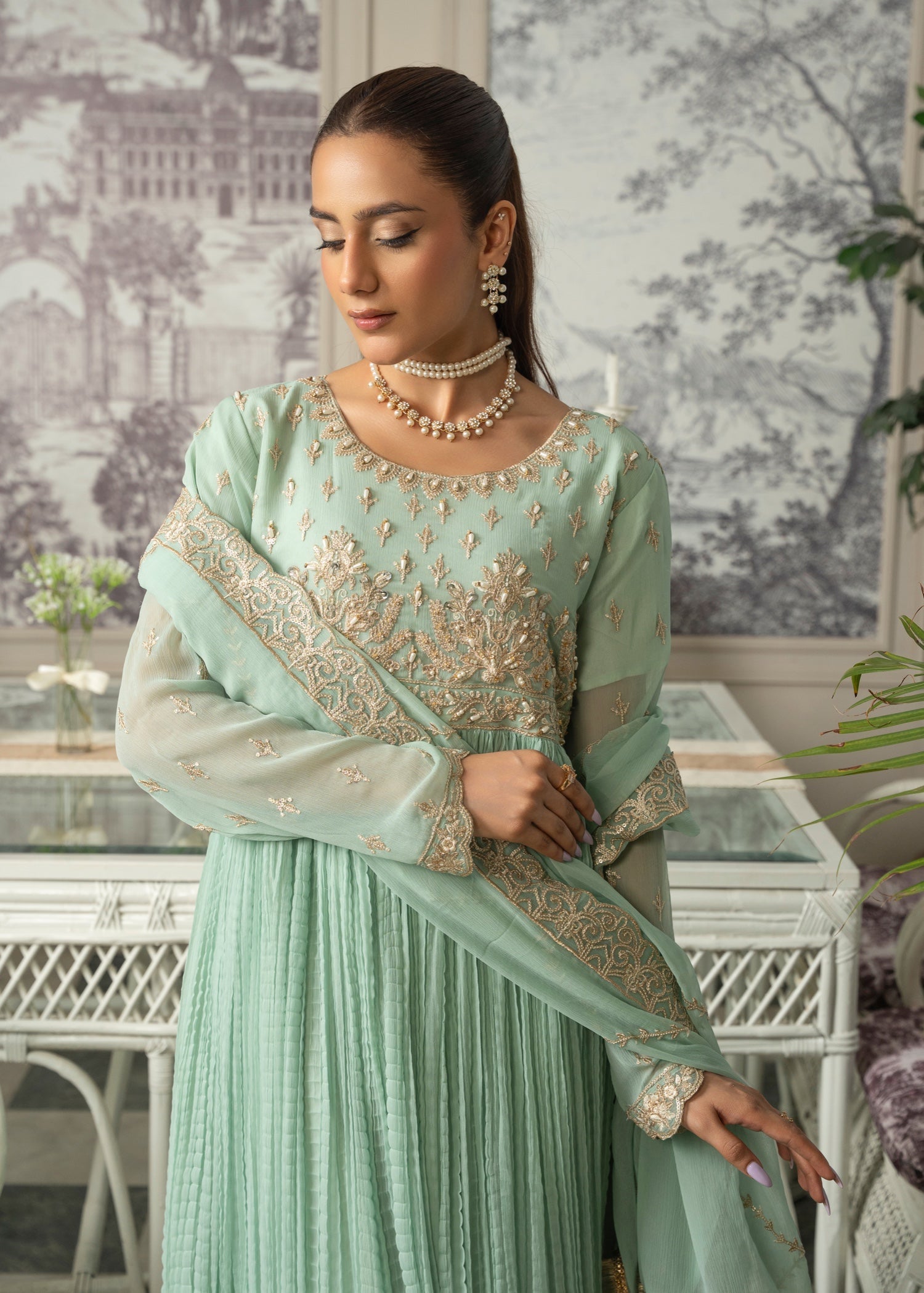 chiffon Pishwas in Mint green