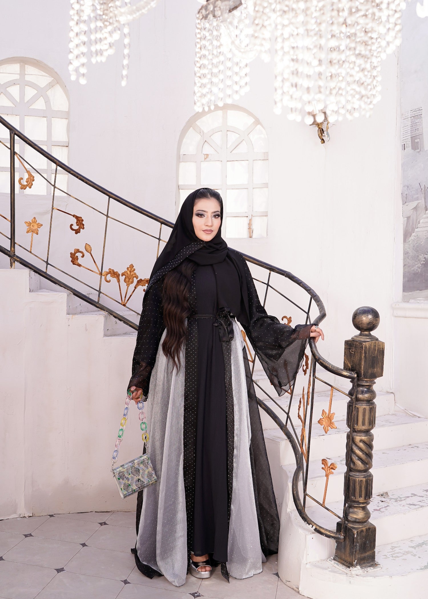 organza Abaya in Black, silver