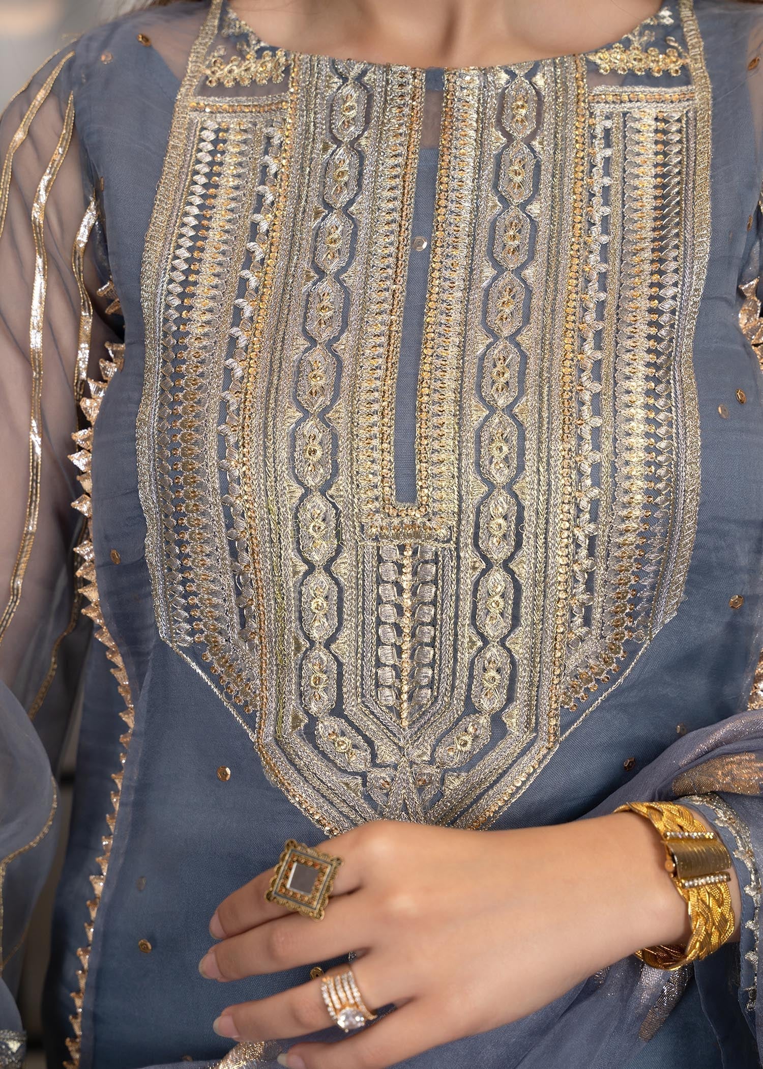 organza Kurta Set in Steel blue