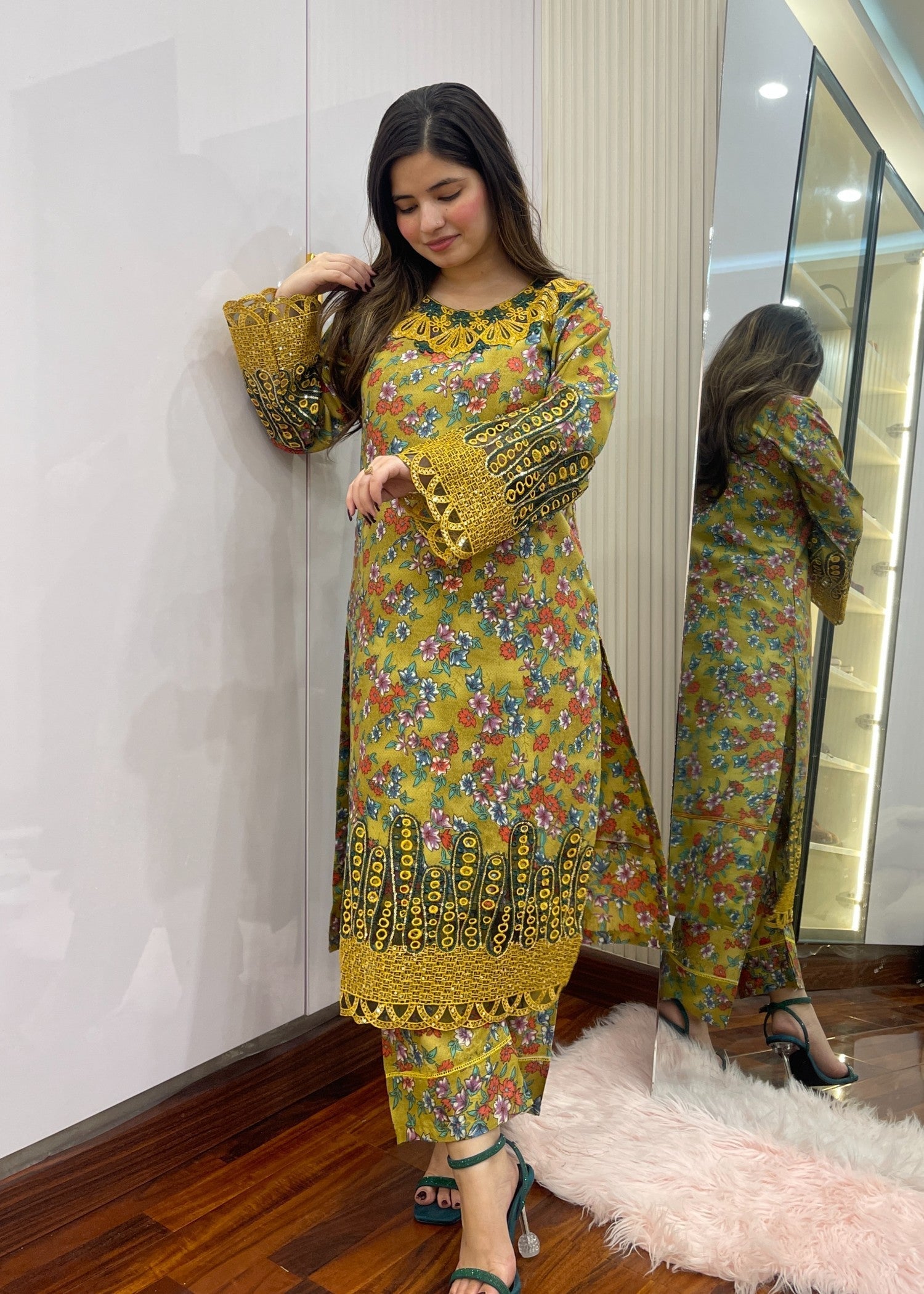 cambric Kurta Set in Yellow green