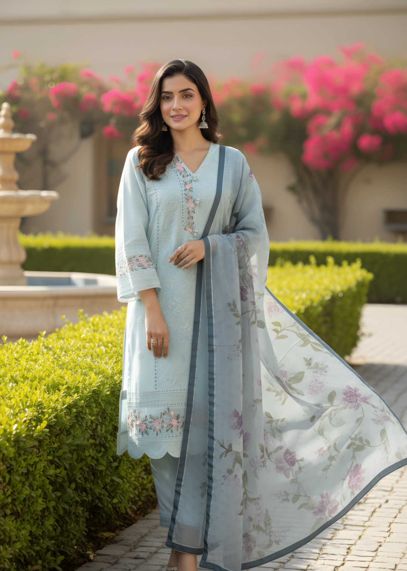 organza zari jacquard Kurta Set in Sky blue