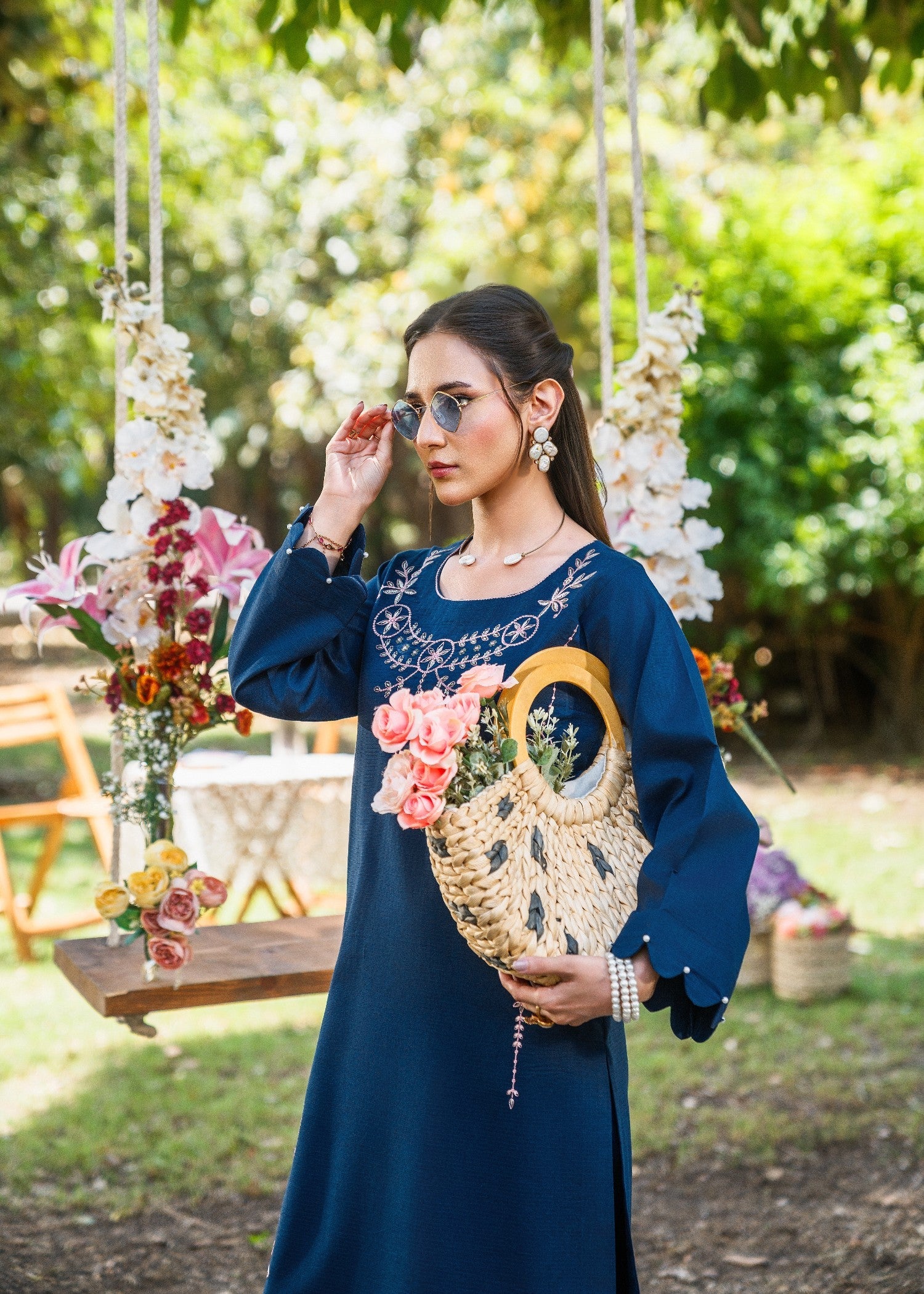 textured lawn Kurta Set in Navy blue