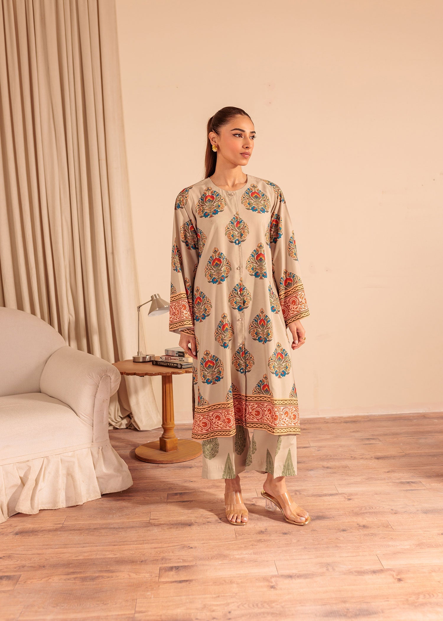lawn Kurta Set in Tan brown