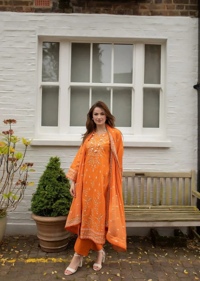 cotton Kurta Set in Carrot orange