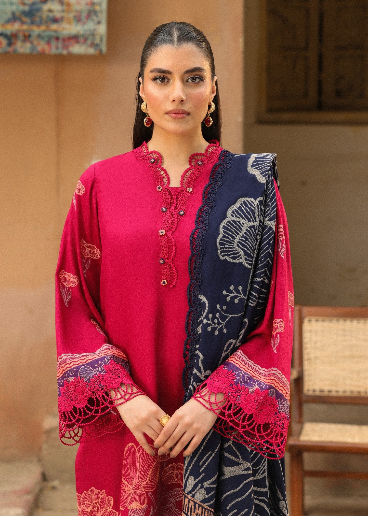 jacquard viscose Unstitched in Hot pink