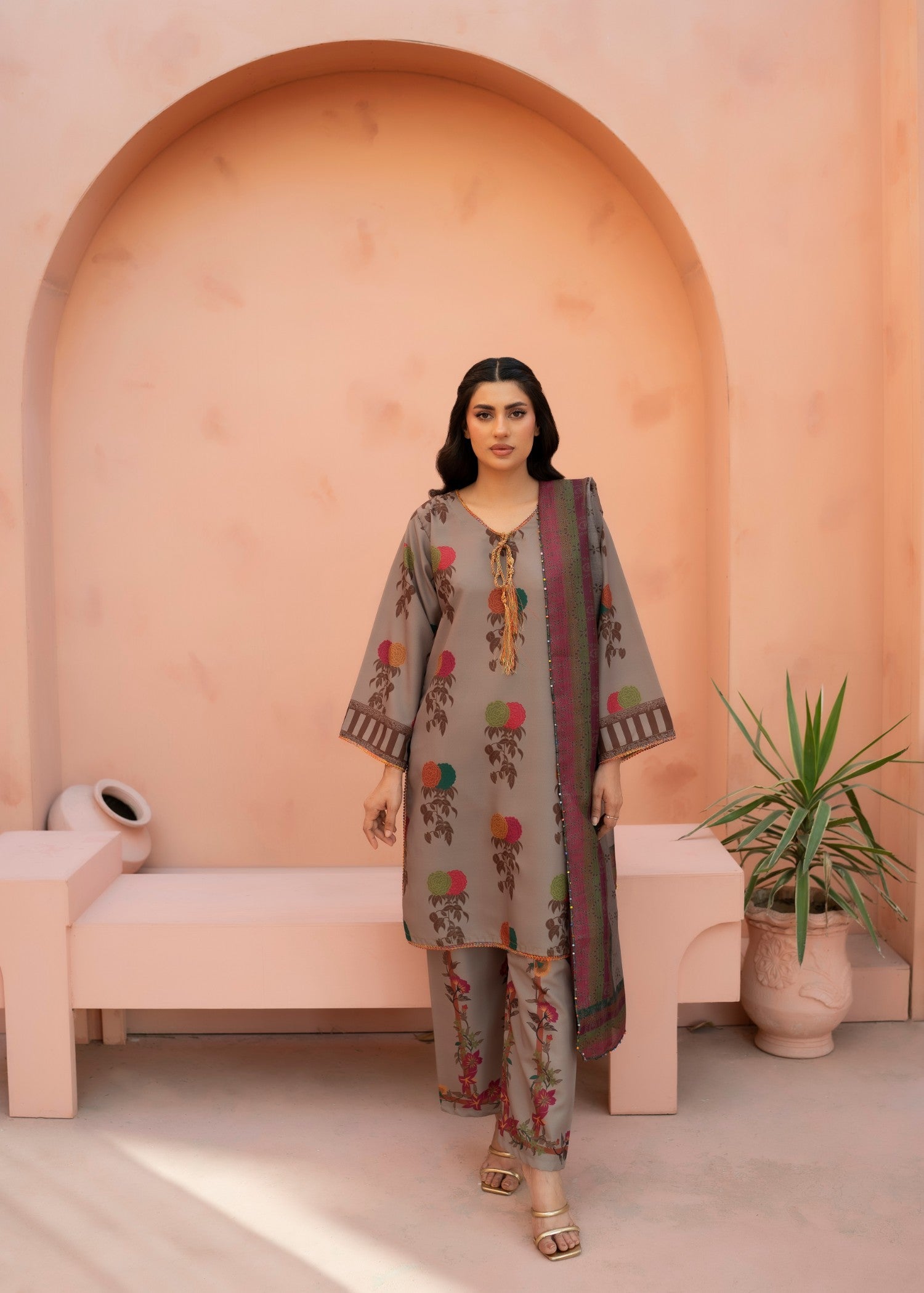 poly lawn Kurta Set in Brown