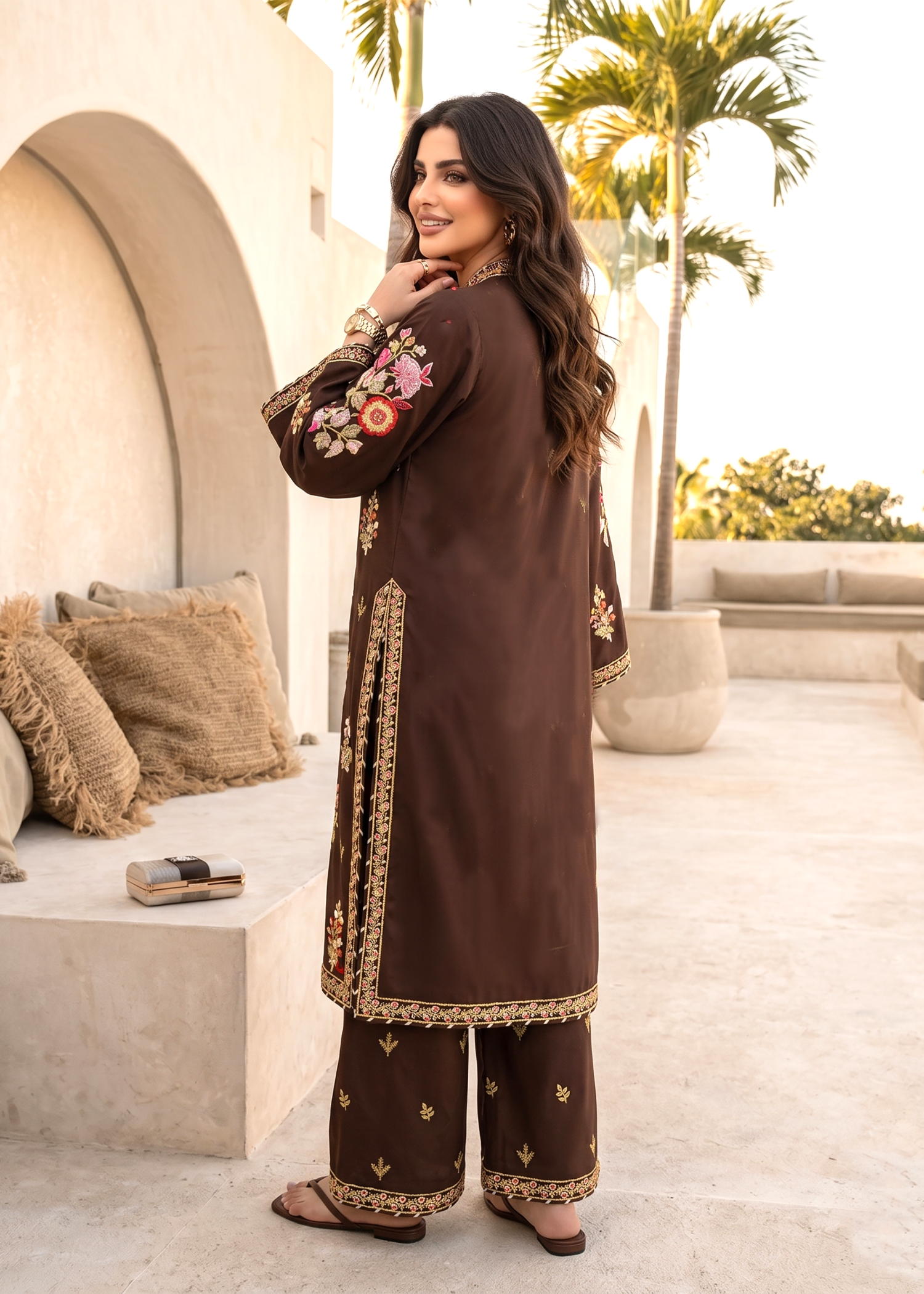 cambric Kurta Set in Brown